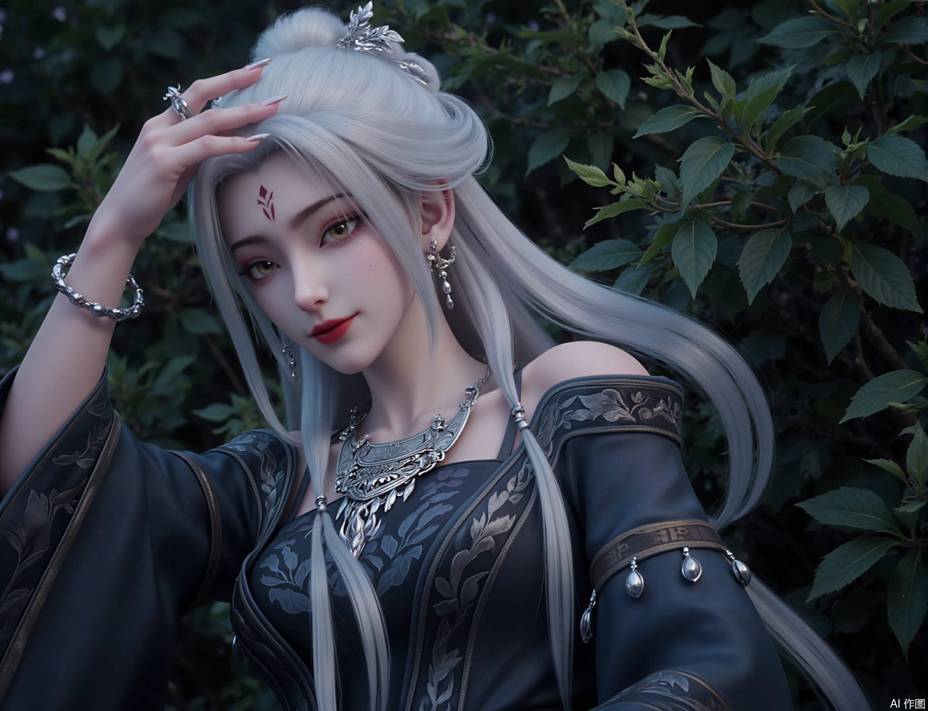 zichu-miaojiang-xiaobai,"The picture describes a woman with rich details and unique style, with long, flowing white hair, dotted with delicate silver ornaments. She has amber eyes and slightly red lips. A small geometric tattoo can be seen on her forehead.
She wore gorgeous metal jewelry, including a delicate necklace and earrings, and dressed in dark ornate clothing, decorated with floral patterns and metal decorations, presenting a noble and mysterious temperature."
She lay on her side in a bush with one hand on her head and the other on her chest. The picture was very quiet and natural, like a beautiful flower roll