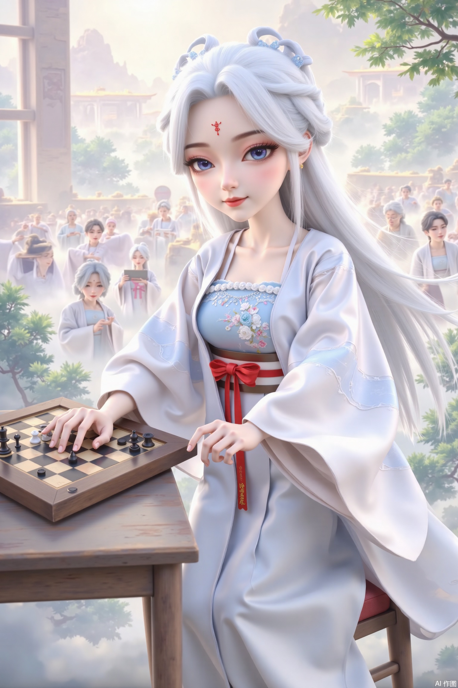 The image depicts a character with flowing white hair, dressed in antique clothes. This character sits at a table with a grid surface, which looks like a game or a jigsaw puzzle. There are green plants and a window in the background to let natural light illuminate the scene. The hands of the characters are placed on the table, suggesting that they are interacting with the chessboard. The overall atmosphere is calm and focused, with a sense of tranquility and focus.1 girl, solo, long hair, watching the audience, blue eyes, hair accessories, long sleeves, ribbons, white hair, wide sleeves, make-up, facial signs, Hanfu, forehead signs, red lips, hairpins, Hanfu, very long hair, white hair, wide sleeves, belts, facial signs, Hanfu, white shoes, forehead signs.