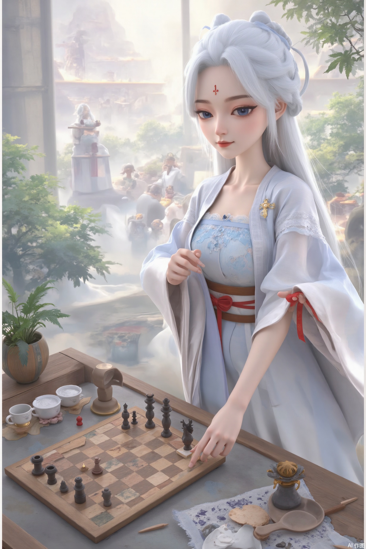 The image depicts a character with flowing white hair, dressed in antique clothes. This character sits at a table with a grid surface, which looks like a game or a jigsaw puzzle. There are green plants and a window in the background to let natural light illuminate the scene. The hands of the characters are placed on the table, suggesting that they are interacting with the chessboard. The overall atmosphere is calm and focused, with a sense of tranquility and focus.1 girl, solo, long hair, watching the audience, blue eyes, hair accessories, long sleeves, ribbons, white hair, wide sleeves, make-up, facial signs, Hanfu, forehead signs, red lips, hairpins, Hanfu, very long hair, white hair, wide sleeves, belts, facial signs, Hanfu, white shoes, forehead signs.