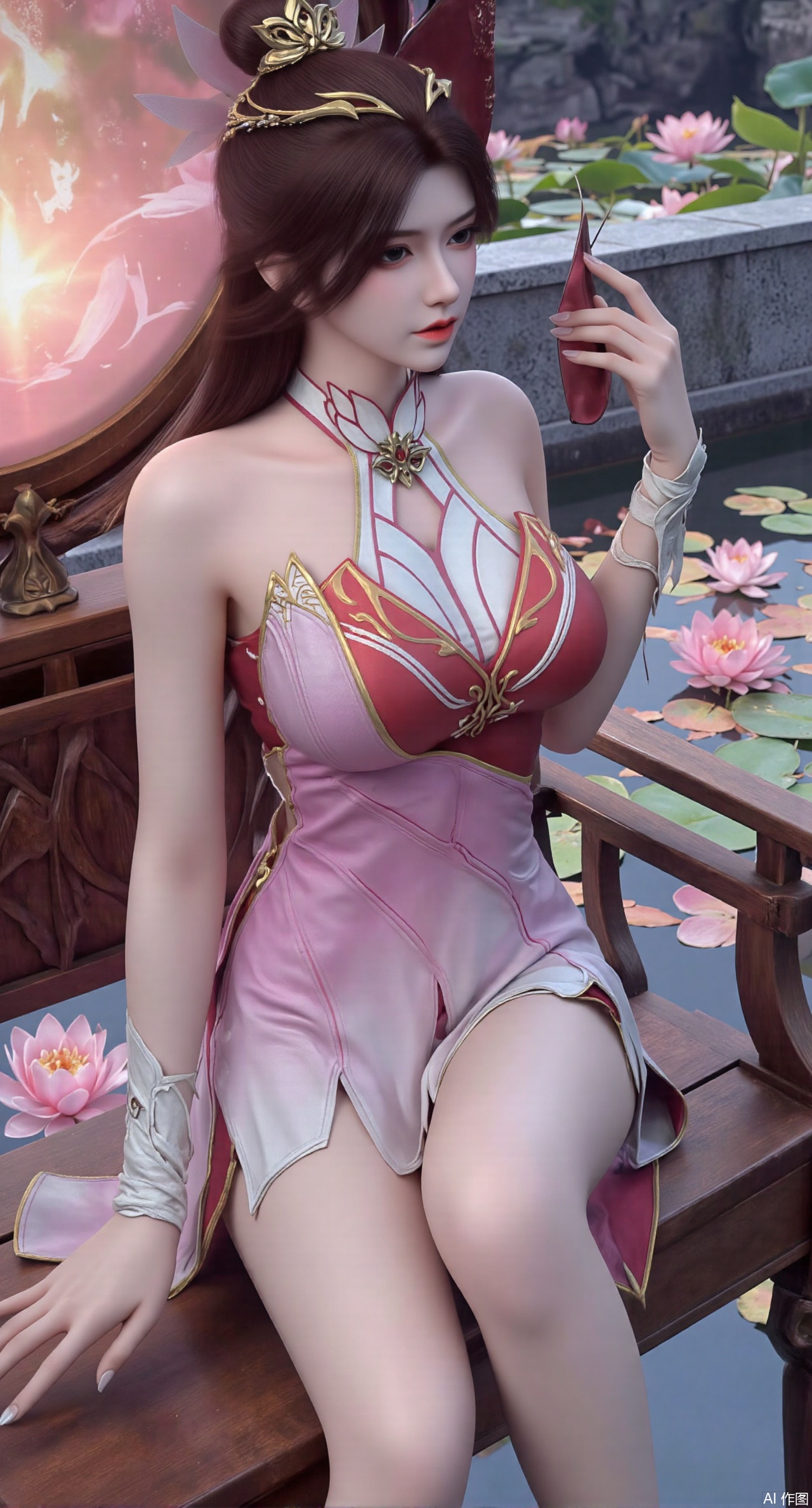 (masterpiece:1.2),best quality,The image is a digital illustration of a young woman sitting on a wooden bench in a pond with lily pads. She is wearing a long dress with design on the chest and sleeves. The dress has a high neckline and short sleeves,Holding a lotus in hand. She has long dark hair styled in loose waves and is wearing gold high heels. The woman is posing with one hand on her hip and the other resting on the edge of the bench. The background is filled with pink and white lotus flowers and green leaves. The overall mood of the image is peaceful and serene,(huge breasts:2.99),(full breasts:2.99),(Background with traditional Chinese architecture, lotus pond and pink lotus flowers:1.39),,Xanmiaoyi,Xyunwangshu,XlishaoyinY,Xbaixue,XanmiaoyiY,Xxiuqiuhua,XbaiyuerongY,XyunyunX,XqingnvzongZM,Xjuzi,Xshangguanweier,XanmiaoyiXY,XyunyunXY,Xjiangziyue,Xmeining,Xweinina,Xlenhuan,Xbabata,Xhuajin,Xjiangbilan,XbaihehuaiX