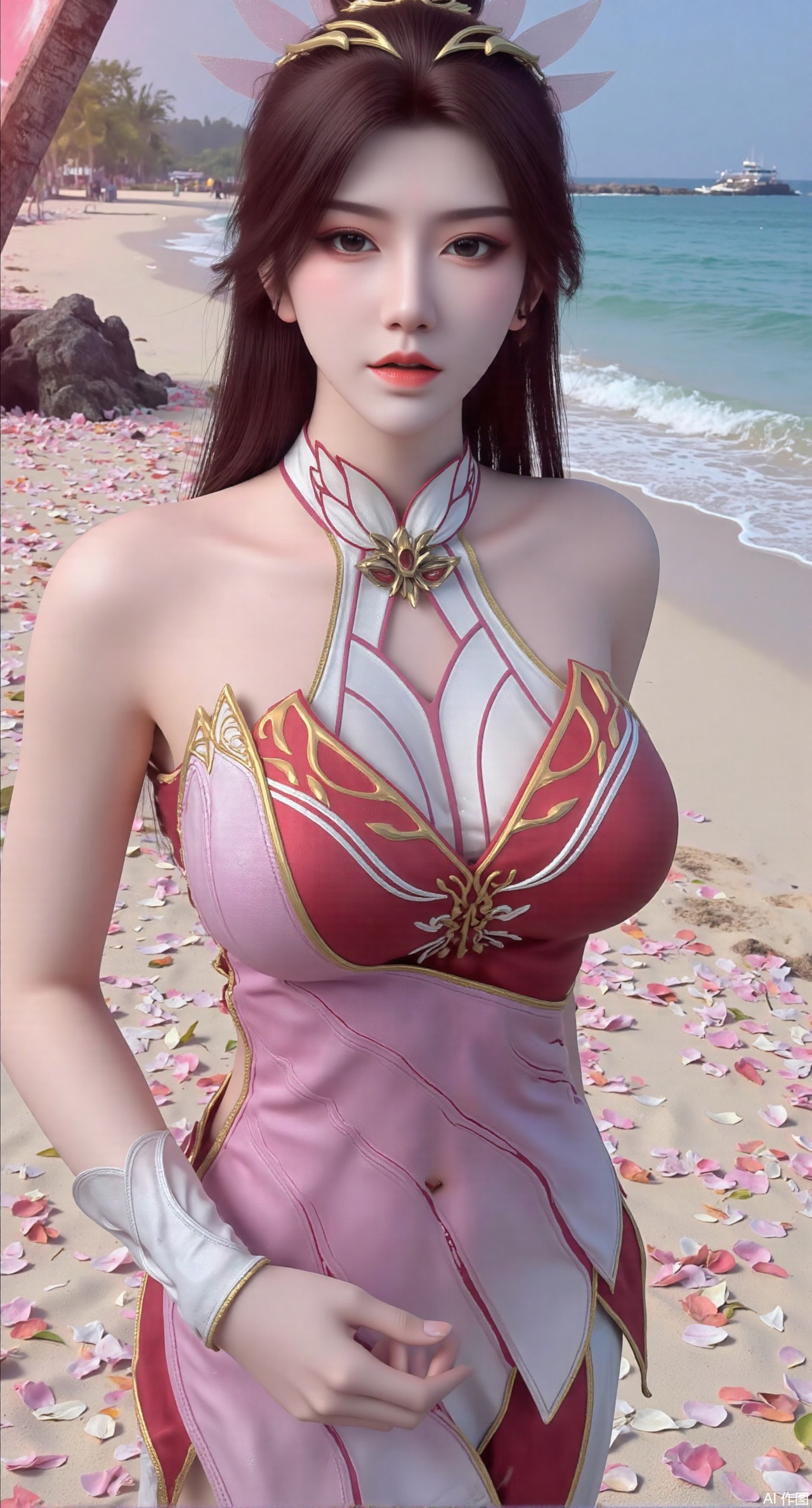 (masterpiece:1.2),best quality,absurdres,masterpiece,original,extremely detailed wallpaper,perfect lighting,Golden sandy beach covered with vibrant flowers, turquoise waves gently lapping the shore, , bright flower clusters spreading from sand to palm tree roots, soft natural light filtering through coconut leaves, ocean breeze lifting hair and qipao hem, high-resolution details showcasing petal textures and silk fabric sheen, ultra-wide angle lens capturing coastline panorama, cinematic color grading with soft focus on the central figure,(huge breasts:2.99),(full breasts:2.99),,Xanmiaoyi,Xyunwangshu,XlishaoyinY,Xbaixue,XanmiaoyiY,Xxiuqiuhua,XbaiyuerongY,XyunyunX,XqingnvzongZM,Xjuzi,Xshangguanweier,XanmiaoyiXY,XyunyunXY,Xjiangziyue,Xmeining,Xweinina,Xlenhuan,Xbabata,Xhuajin,Xjiangbilan,XbaihehuaiX