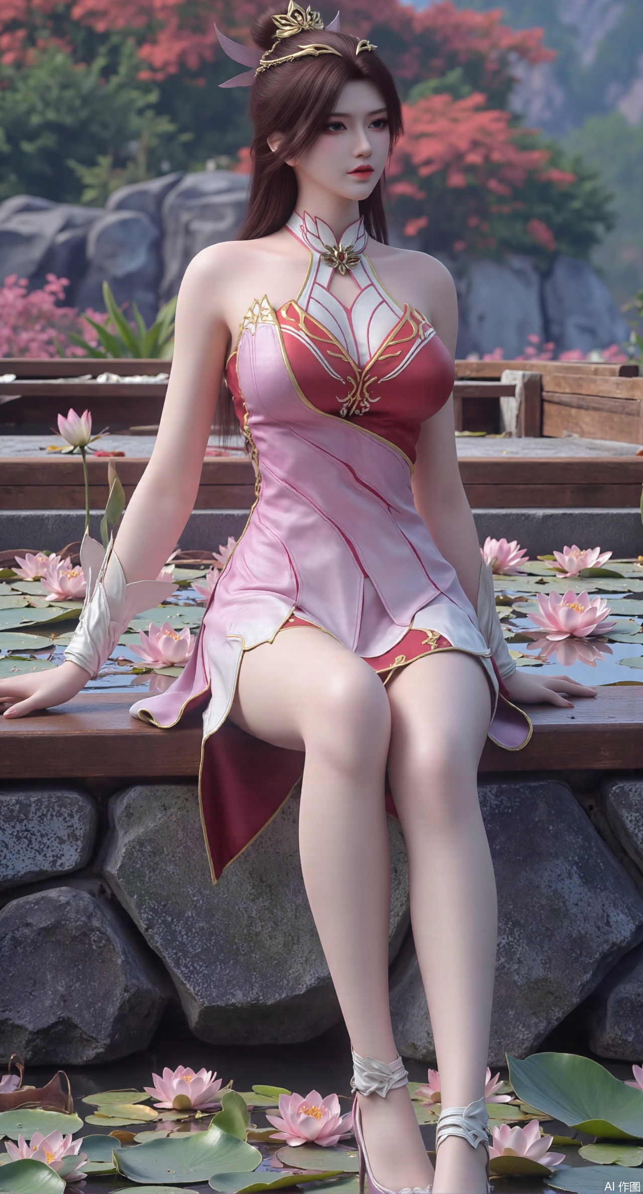 (masterpiece:1.2),best quality,The image is a digital illustration of a young woman sitting on a wooden bench in a pond with lily pads. She is wearing a long dress with design on the chest and sleeves. The dress has a high neckline and short sleeves,Holding a lotus in hand. She has long dark hair styled in loose waves and is wearing gold high heels. The woman is posing with one hand on her hip and the other resting on the edge of the bench. The background is filled with pink and white lotus flowers and green leaves. The overall mood of the image is peaceful and serene,(huge breasts:2.99),(full breasts:2.99),(Background with traditional Chinese architecture, lotus pond and pink lotus flowers:1.39),,Xanmiaoyi,Xyunwangshu,XlishaoyinY,Xbaixue,XanmiaoyiY,Xxiuqiuhua,XbaiyuerongY,XyunyunX,XqingnvzongZM,Xjuzi,Xshangguanweier,XanmiaoyiXY,XyunyunXY,Xjiangziyue,Xmeining,Xweinina,Xlenhuan,Xbabata,Xhuajin,Xjiangbilan,XbaihehuaiX