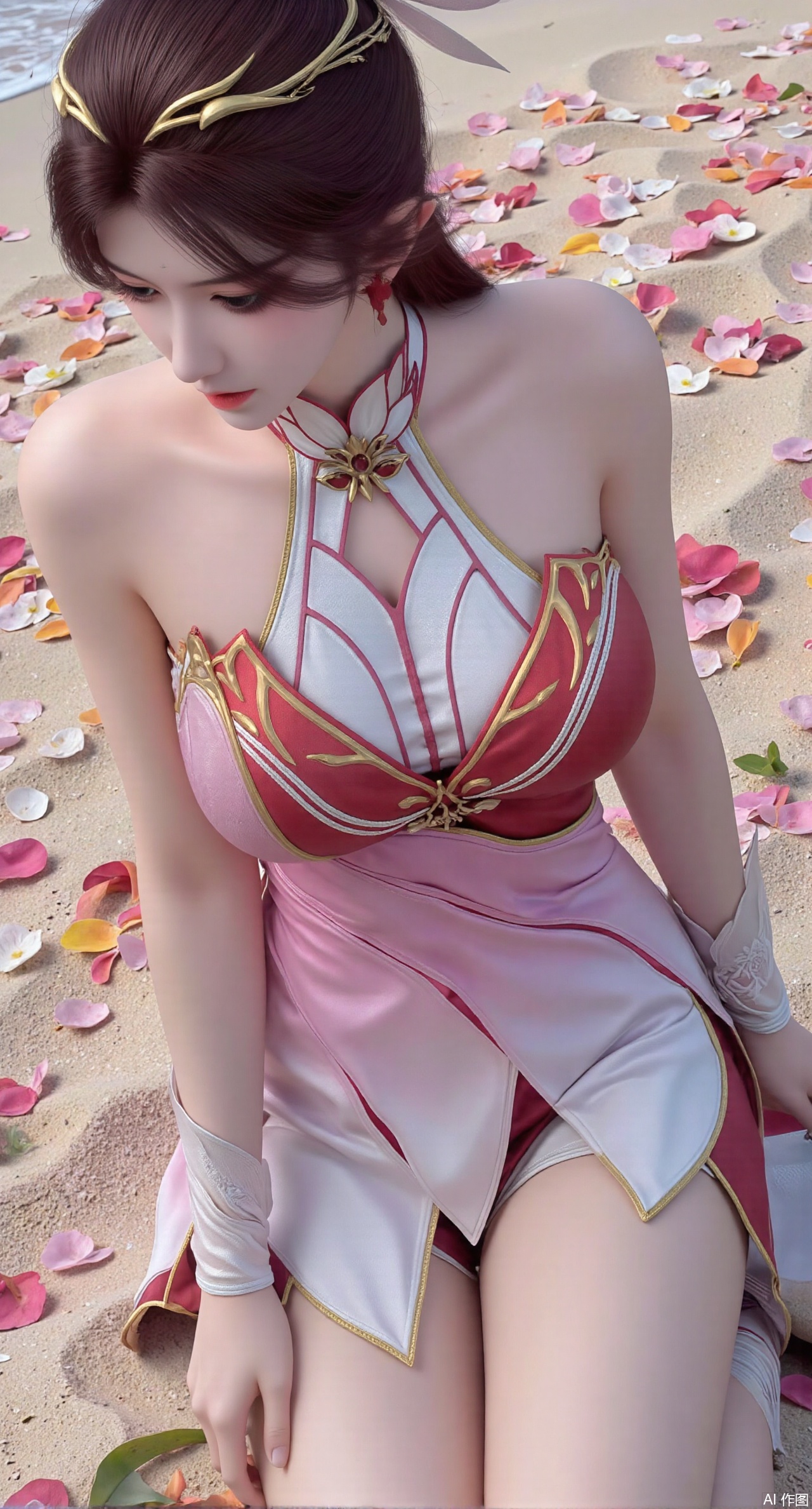(masterpiece:1.2),best quality,absurdres,masterpiece,original,extremely detailed wallpaper,perfect lighting,Golden sandy beach covered with vibrant flowers, turquoise waves gently lapping the shore, , bright flower clusters spreading from sand to palm tree roots, soft natural light filtering through coconut leaves, ocean breeze lifting hair and qipao hem, high-resolution details showcasing petal textures and silk fabric sheen, ultra-wide angle lens capturing coastline panorama, cinematic color grading with soft focus on the central figure,(huge breasts:2.99),(full breasts:2.99),,Xanmiaoyi,Xyunwangshu,XlishaoyinY,Xbaixue,XanmiaoyiY,Xxiuqiuhua,XbaiyuerongY,XyunyunX,XqingnvzongZM,Xjuzi,Xshangguanweier,XanmiaoyiXY,XyunyunXY,Xjiangziyue,Xmeining,Xweinina,Xlenhuan,Xbabata,Xhuajin,Xjiangbilan,XbaihehuaiX
