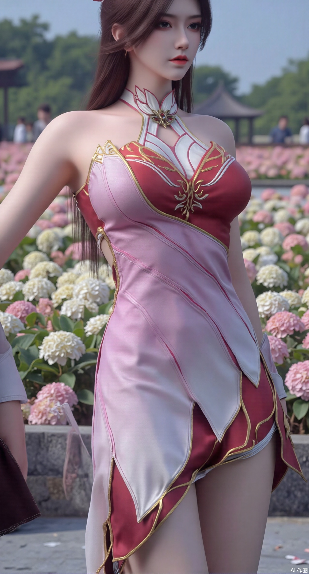 (masterpiece:1.2),best quality,absurdres,masterpiece,original,extremely detailed wallpaper,perfect lighting,1girl,solo,looking at viewer,(cowboy_shot:1.3),long hair,high heels,blurry background,depth of field,motion blur,(long dress:1.23),china_dress,chinese_style,bare shouders,crystal_earrings,headpiece,hair_tie,chest_jewel,gem,necklace,jewelry,in summer,day,outdoors,nature,garden,,(standing,Hydrangea, Hydrangea Field:1.69),(huge breasts:2.99),(full breasts:2.99),Xanmiaoyi,Xyunwangshu,XlishaoyinY,Xbaixue,XanmiaoyiY,Xxiuqiuhua,XbaiyuerongY,XyunyunX,XqingnvzongZM,Xjuzi,Xshangguanweier,XanmiaoyiXY,XyunyunXY,Xjiangziyue,Xmeining,Xweinina,Xlenhuan,Xbabata,Xhuajin,Xjiangbilan,XbaihehuaiX