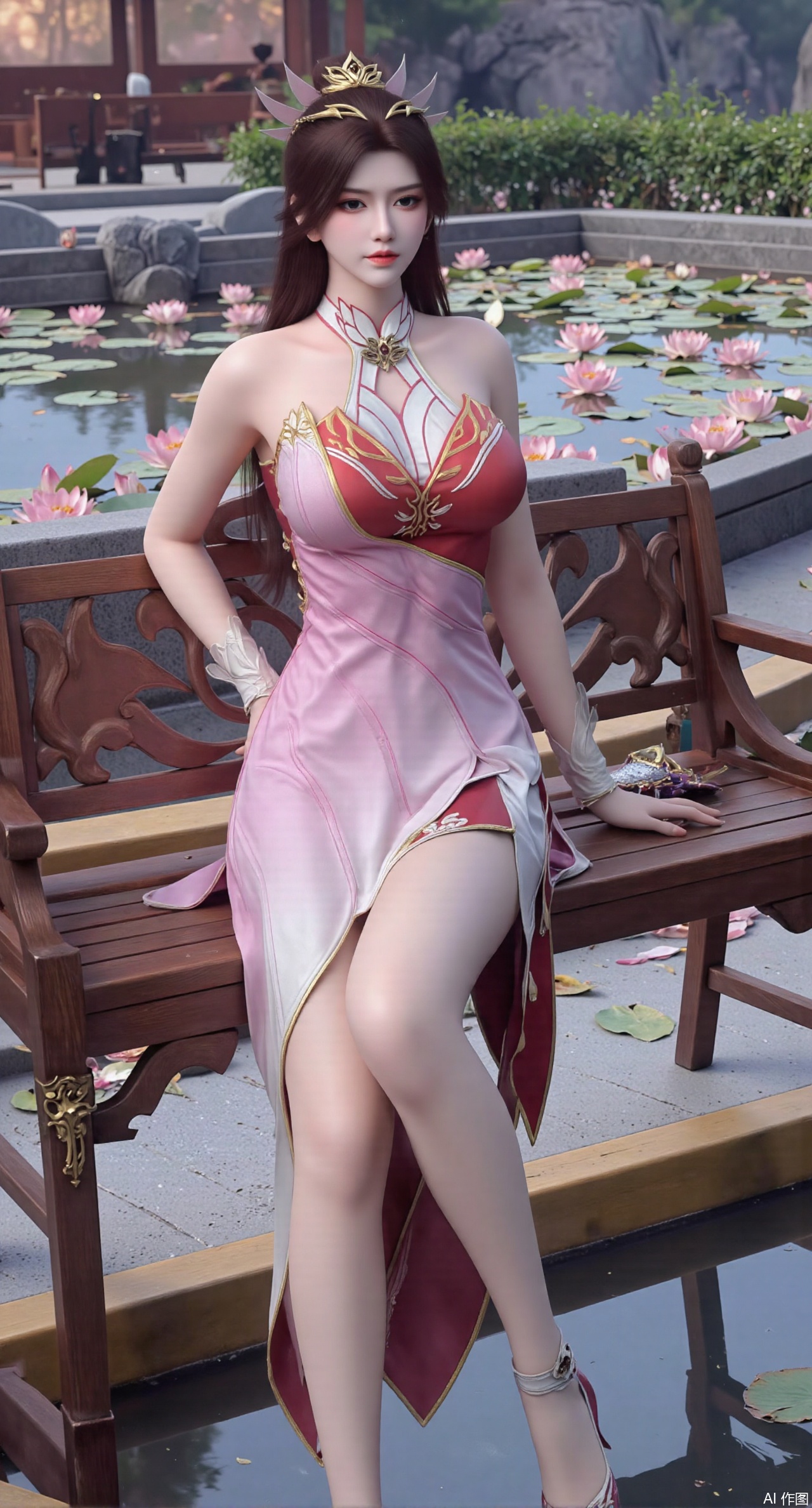 (masterpiece:1.2),best quality,The image is a digital illustration of a young woman sitting on a wooden bench in a pond with lily pads. She is wearing a long dress with design on the chest and sleeves. The dress has a high neckline and short sleeves,Holding a lotus in hand. She has long dark hair styled in loose waves and is wearing gold high heels. The woman is posing with one hand on her hip and the other resting on the edge of the bench. The background is filled with pink and white lotus flowers and green leaves. The overall mood of the image is peaceful and serene,(huge breasts:2.99),(full breasts:2.99),(Background with traditional Chinese architecture, lotus pond and pink lotus flowers:1.39),,Xanmiaoyi,Xyunwangshu,XlishaoyinY,Xbaixue,XanmiaoyiY,Xxiuqiuhua,XbaiyuerongY,XyunyunX,XqingnvzongZM,Xjuzi,Xshangguanweier,XanmiaoyiXY,XyunyunXY,Xjiangziyue,Xmeining,Xweinina,Xlenhuan,Xbabata,Xhuajin,Xjiangbilan,XbaihehuaiX
