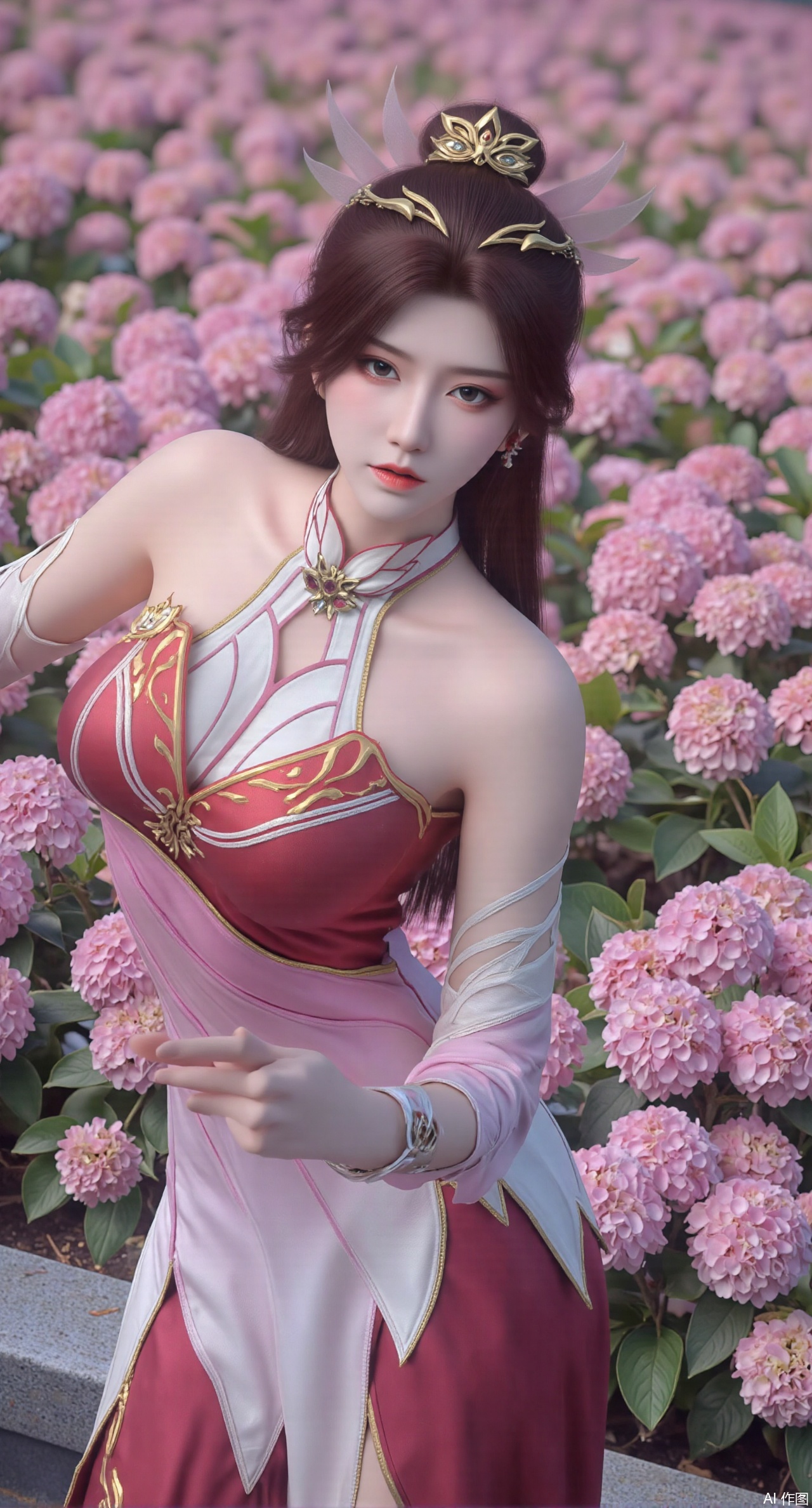 (masterpiece:1.2),best quality,absurdres,masterpiece,original,extremely detailed wallpaper,perfect lighting,1girl,solo,looking at viewer,(cowboy_shot:1.3),long hair,high heels,blurry background,depth of field,motion blur,(long dress:1.23),china_dress,chinese_style,bare shouders,crystal_earrings,headpiece,hair_tie,chest_jewel,gem,necklace,jewelry,in summer,day,outdoors,nature,garden,,(standing,Hydrangea, Hydrangea Field:1.69),(huge breasts:2.99),(full breasts:2.99),Xanmiaoyi,Xyunwangshu,XlishaoyinY,Xbaixue,XanmiaoyiY,Xxiuqiuhua,XbaiyuerongY,XyunyunX,XqingnvzongZM,Xjuzi,Xshangguanweier,XanmiaoyiXY,XyunyunXY,Xjiangziyue,Xmeining,Xweinina,Xlenhuan,Xbabata,Xhuajin,Xjiangbilan,XbaihehuaiX