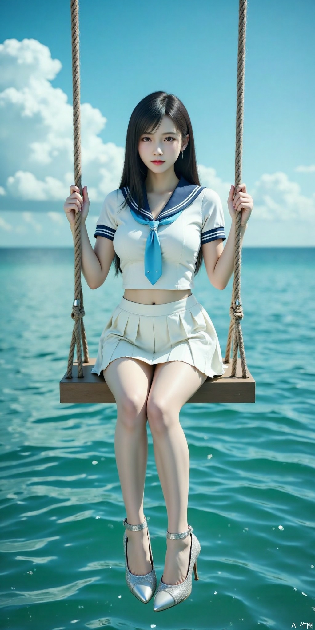 真人肌肤纹理, 4K画质,完美身材,long legs,big_breasts,navel,,Film texture,, film and television, surrealism, a girl with a delicate face is sitting on a cloud swing. The girl is wearing a jk sailor uniform, a white short-sleeved shirt, light blue stripes trimming, a light blue tie, white blue pleated skirt, exquisite diamond-encrusted high heels, swing rope The sub is connected to a cloud in the sky, the background is a vast ocean, the water shows a consistent blue-green tone, the sky is also blue-green, blending with the ocean, perfect light and shadow, hyper-realistic photography, sharpening, artistic conception, Consciousness, large areas of blank space, sense of space, haziness, dreams, fog,