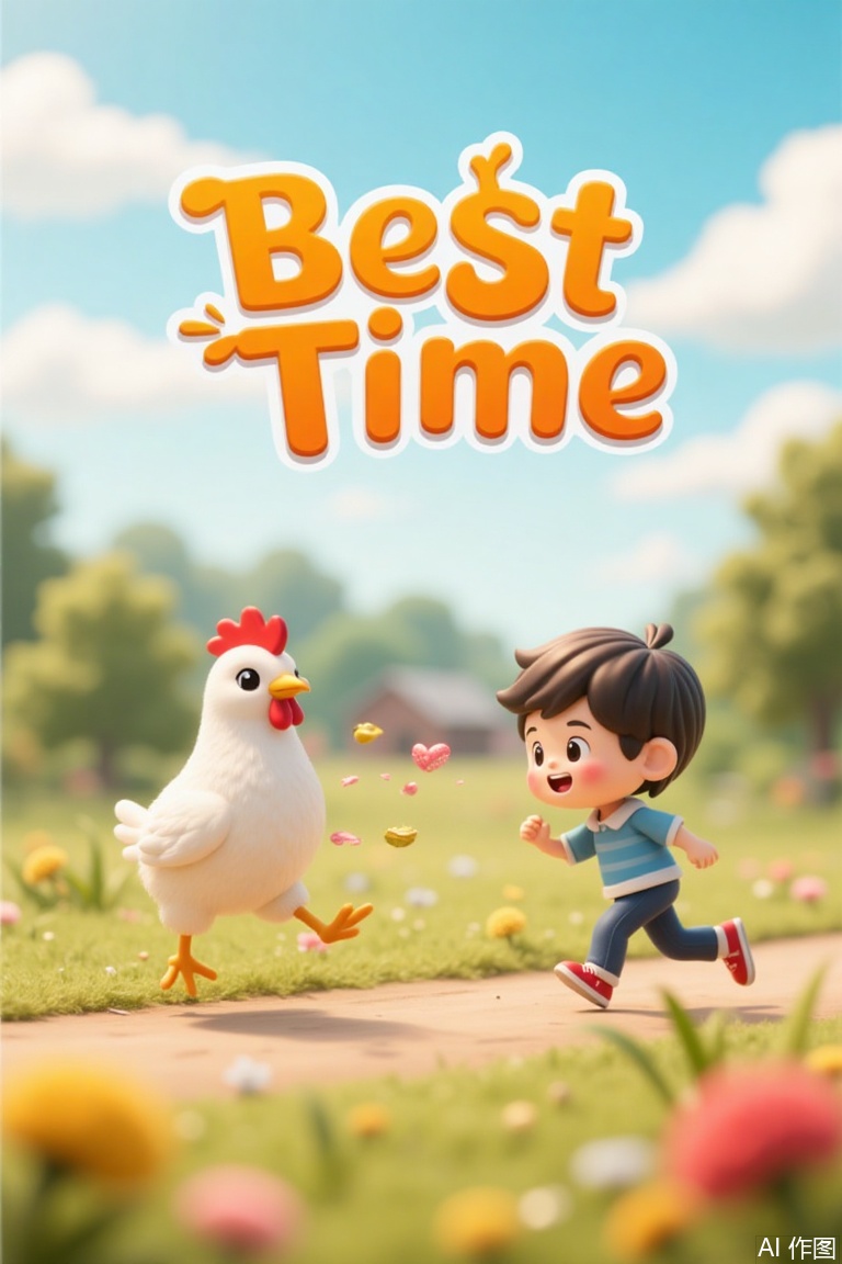 A tilt-shift scene featuring a chibi-style boy in action, attempting to catch a cartoonish chicken. Framed from a low angle with shallow depth of field, the vibrant画面focuses on their playful interaction under warm sunlight. Above, Best Time is boldly displayed in artistic, stylized font that pops against a bright sky background. The composition combines whimsical energy and nostalgic charm, set against a blurred rural backdrop for emphasis. Bright colors and dynamic poses bring life to this fun, poster-like image.