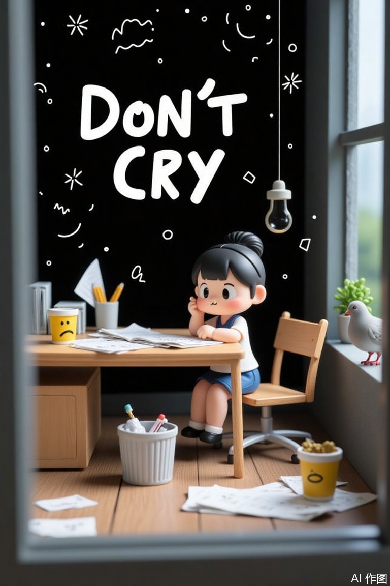 A tilt-shift Q-version scene framed as modern advertising art. At the top, Don't Cry appears in bold yet minimalist white typography against a black background—round lines blend with sharp edges, arranged asymmetrically and accented by hand-drawn strokes and geometric elements. In the center, a chibi girl sits at an office desk cluttered with papers and a smiley mug. She rests one hand on her cheek, balancing a pencil under the other chin, while crumpled sad-face papers fill the trash can beside her. Outside the window, a pigeon perches curiously on the sill, tilting its head toward her contemplative pose. Bright lighting highlights this playful, textured composition for market display.