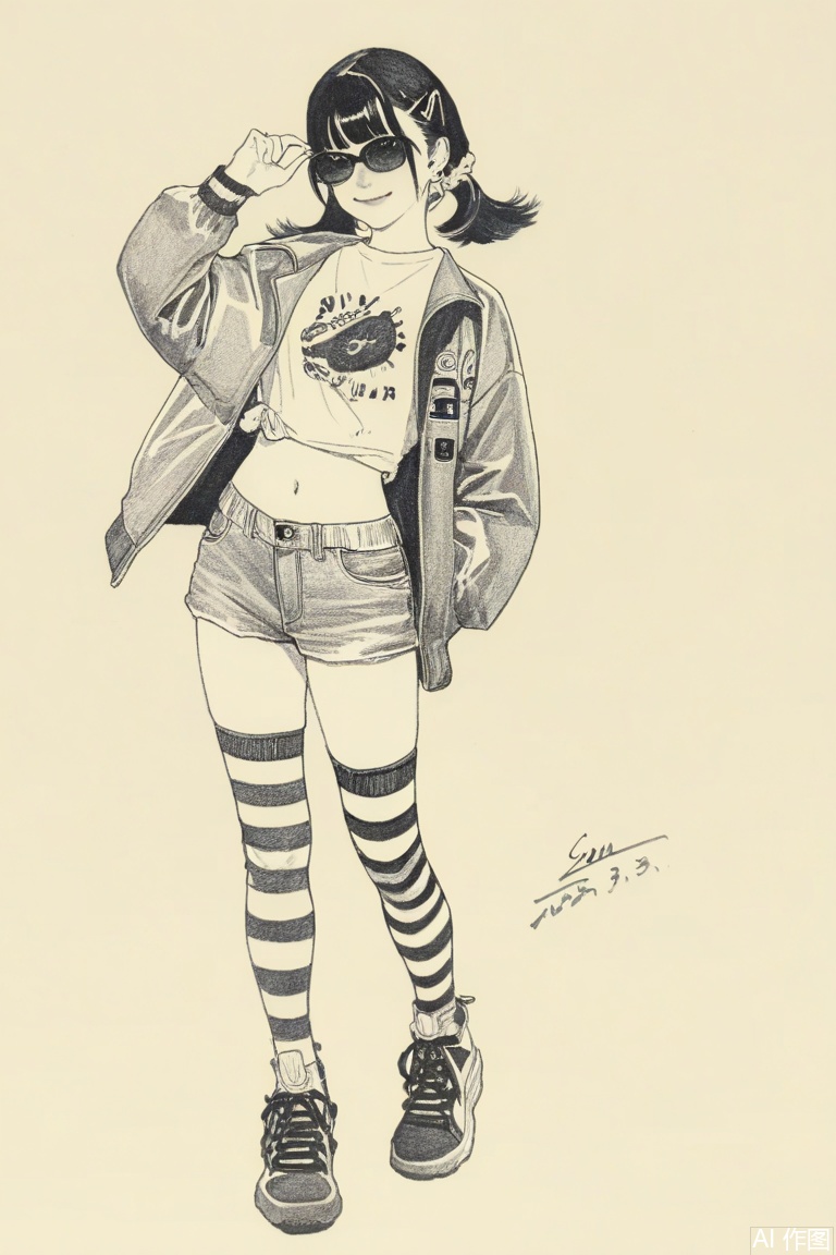 Sketch style, monochrome, traditional media,simple background,greyscale,signature, dated,
1girl, solo, shorts, striped, thighhighs, jacket, sunglasses, shoes,  sneakers, striped thighhighs, full body, looking at viewer, hair ornament, smile, earrings, dated, twintails, midriff, navel, jewelry, shirt, adjusting eyewear, hairclip, bangs, 