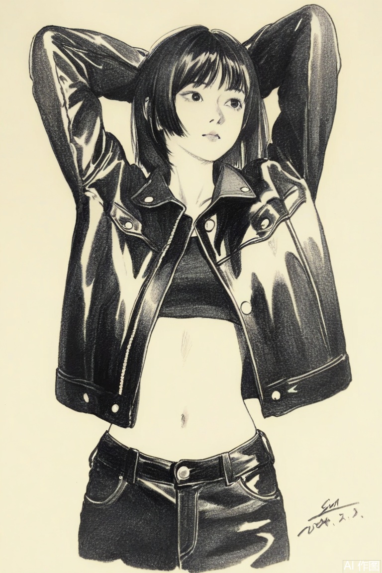 Sketch style, monochrome, traditional media,simple background,greyscale,signature, dated,
1girl, solo,navel, jacket, midriff, pants,arms behind head, arms up, leather jacket,  short hair, leather
