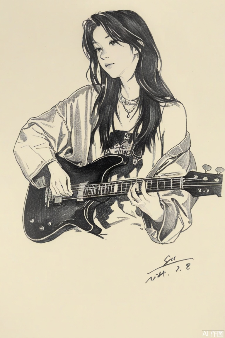 Sketch style, monochrome, traditional media,simple background,greyscale,signature, dated,
1girl, instrument, solo, guitar, long hair, jewelry, necklace,  playing instrument, holding,holding instrument, jacket, dated, music, long sleeves, electric guitar, shirt, off shoulder