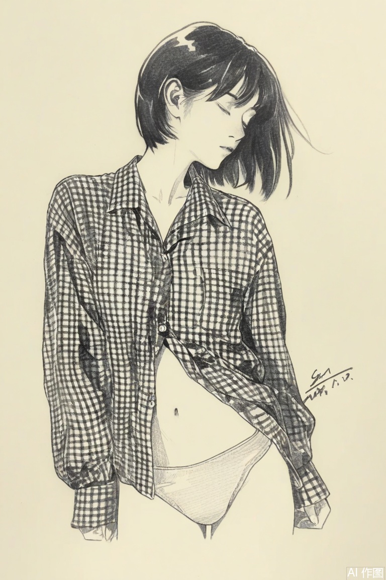 Sketch style, monochrome, traditional media,simple background,greyscale,signature, dated,
1girl, solo, underwear, panties, navel,  closed eyes,  shirt, short hair, plaid shirt, plaid, dated, cropped legs, cowboy shot, 