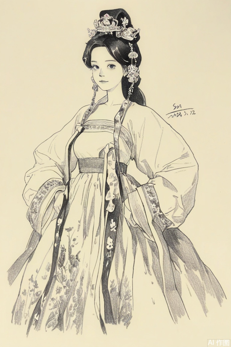 Sketch style, monochrome, traditional media,simple background,greyscale,signature, dated,
 1girl, solo,hair ornament, looking at viewer, korean clothes, hanbok, long sleeves, long hair, greyscale, hanfu, jewelry, hands on hips, dress, flower, closed mouth