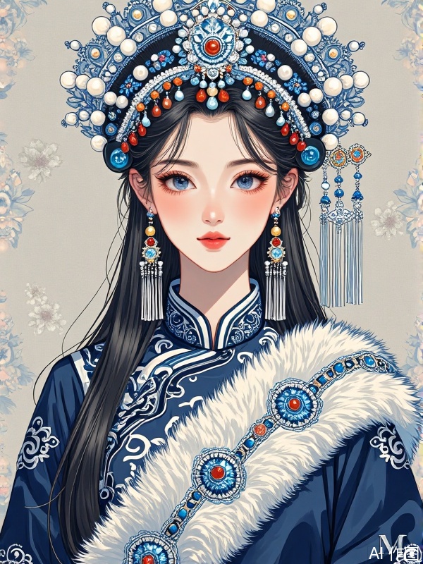A long-haired woman wearing a cheongsam and a crown, Full headdress.