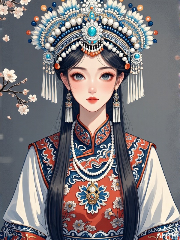 A long-haired woman wearing a cheongsam and a crown, Full headdress.