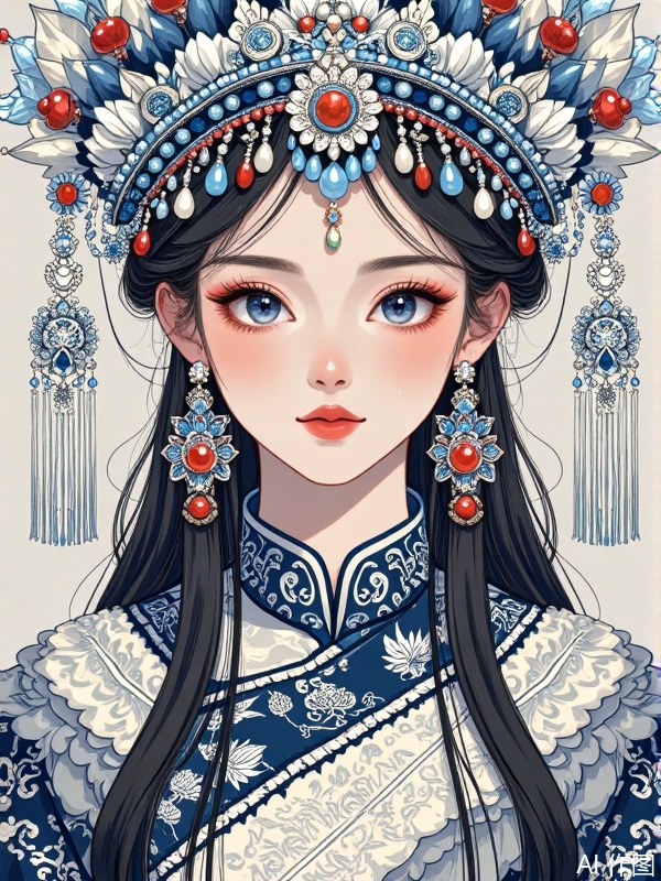 A long-haired woman wearing a cheongsam and a crown, Full headdress.