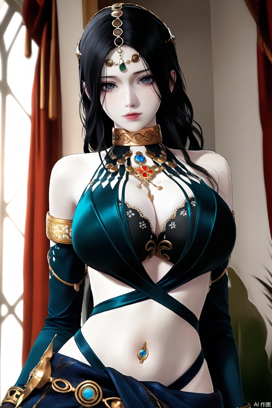 score_9, score_8_up, score_7_up,
1girl, solo, long hair, breasts, looking at viewer, large breasts, black hair, bare shoulders, pale_skin, white_skin,translucent,gloves, navel, cleavage, jewelry,indoors,bright light,