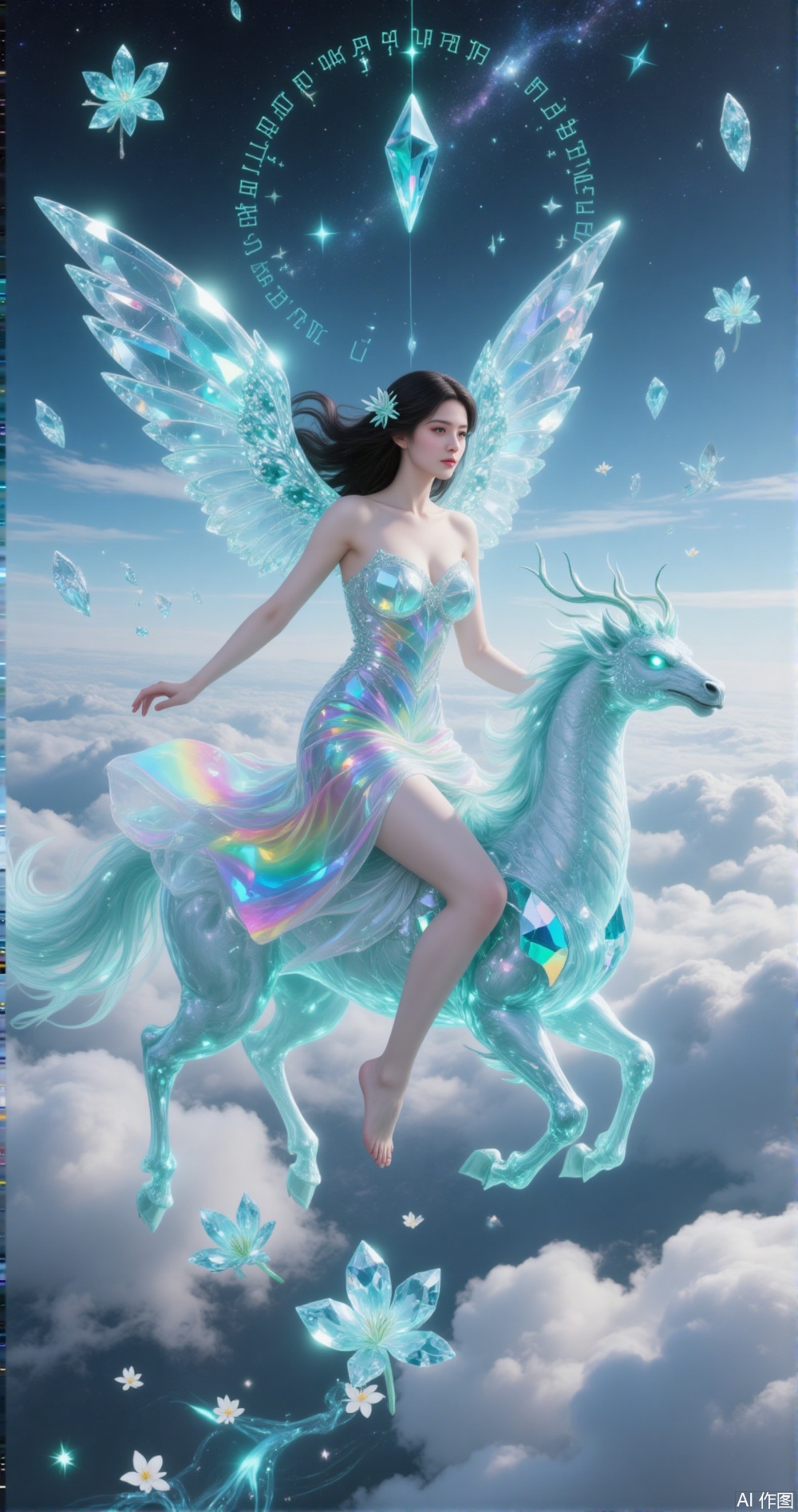 In a sky filled with raging storm clouds, a graceful beauty rides a sacred storm beast soaring through the skies. Her black hair dances like a storm, its strands shimmering with cyan glow, as if the Milky Way and storm intertwine. Behind her, a pair of crystal wings unfolds, composed of transparent storm crystal gemstones, each gemstone refracting a cyan glow, as if storm energy flows in the air. The edges of the wings are embedded with flowing storm energy, gently flapping as she moves, leaving a raging trail in the air. She wears a rainbow gradient crystal gemstone dress, the skirt made of transparent storm gemstones, their light constantly changing as she moves, casting a dreamlike rainbow glow. The dress hugs her curves, showcasing her sexy yet elegant figure, with a few storm petals adorning the hem, gently swaying in the storm energy, complementing her wings and dress. She rides a storm Phoenix, a divine beast made of raging storm energy, its body shimmering with cyan glow, its hooves stepping on flowing storm energy, as if treading on the void. The beast’s mane flows like a waterfall of storm, radiating a raging glow, its eyes like two radiant stars, exuding a majestic aura. Its wings are composed of storm crystal gemstones, the edges embedded with flowing storm energy, gently flapping as it flies, leaving a raging trail in the air. The sky above the clouds is filled with raging storm aura, within which one can faintly see fantastical storm flowers, their shapes crystal-clear, petals dotted with storm energy, exuding a powerful magical aura. Countless glowing runes float in the sky, emitting a mysterious light, as if whispering ancient spells. Her face is exquisitely beautiful, her skin smooth and flawless like fine porcelain, her eyebrows and eyes painted like a masterpiece, her gaze as dazzling as the stars, revealing a hint of mystery and allure. Her makeup is exquisite, her lips deep cyan, her mouth slightly curved, carrying an imperceptible smile, exuding an irresistible charm. Her face is surrounded by a storm halo, as if starlight flows on her face.