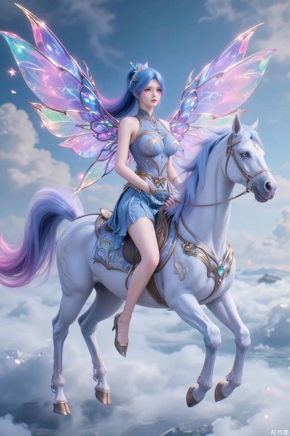 In a cloud-filled sky intertwined with dazzling auroras and vibrant colors, a graceful beauty engages in a dreamy interaction with a sacred multicolored cloud-borne steed. Her blue hair is tied into a high ponytail, its strands shimmering with faint starlight, as if auroral power dances in the air. Her smooth, pearl-like skin is adorned with a high-collared dress made of rainbow gradient crystal gemstones, its design elegant and exquisite, the high collar adding an air of mystery, as if auroral and colorful elements flow over her body. Behind her, a pair of auroral crystal wings unfolds, composed of transparent auroral crystal gemstones, each gemstone refracting a deep, purple-blue glow, while also embedded with vibrant colors, as if auroral power and colorful elements flow in the clouds. The edges of the wings are embedded with flowing auroral energy, gently flapping as she moves, leaving a mysterious and dazzling trail in the sky. She rides a sacred multicolored cloud-borne steed, a divine beast made of pure cloud mist and auroral power, its body shimmering with vibrant rainbow hues, as if auroral power and colorful elements dance in the clouds. The steed’s mane flows like an aurora, radiating a soft and dreamy light, each strand refracting different colors, ranging from deep purple-blue to radiant gold, gentle pink, and lush green, as if presenting a feast of colors. The steed’s eyes are like two radiant stars, its pupils radiating a gentle light, exuding a serene and sacred aura, as if silently conversing with her. Its hooves are composed of auroral crystal gemstones, the edges embedded with flowing auroral energy, gently stepping as she rides, as if leaving dreamy footprints in the clouds. The cloud-filled sky is filled with a rich auroral aura, within which one can faintly see fantastical auroral flowers, their shapes crystal-clear, petals dotted with auroral energy and vibrant rainbow hues, exuding a powerful magical aura. Countless glowing runes float in the clouds, emitting a mysterious light, as if whispering ancient spells. Her face is exquisitely beautiful, her skin smooth and flawless like fine porcelain, her eyebrows and eyes painted like a masterpiece, her gaze as dazzling as the stars, revealing a hint of mystery and tenderness. Her makeup is exquisite, her lips purple-blue, her mouth slightly curved, carrying an imperceptible smile, exuding an irresistible charm. Her face is surrounded by an auroral halo, adorned with vibrant rainbow hues, as if starlight flows on her face.