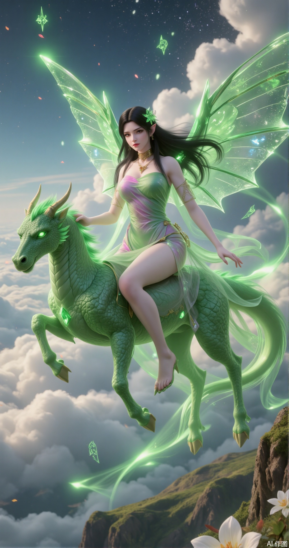 n a sky filled with flowing leyline clouds, a graceful beauty rides a sacred leyline beast soaring through the skies. Her black hair flows like a leyline, its strands shimmering with vibrant green glow, as if the Milky Way and earth intertwine. Behind her, a pair of crystal wings unfolds, composed of transparent leyline crystal gemstones, each gemstone refracting a green glow, as if leyline energy flows in the air. The edges of the wings are embedded with flowing leyline energy, gently flapping as she moves, leaving a trail of vitality in the air. She wears a rainbow gradient crystal gemstone dress, the skirt made of transparent leyline gemstones, their light constantly changing as she moves, casting a dreamlike rainbow glow. The dress hugs her curves, showcasing her sexy yet elegant figure, with a few leyline petals adorning the hem, gently swaying in the breeze, complementing her wings and dress. She rides a leyline Dragon, a divine beast made of green leyline energy, its body shimmering with dazzling green glow, its hooves stepping on flowing leyline energy, as if treading on the void. The beast’s mane flows like a waterfall of leyline, radiating a rich earth aura, its eyes like two radiant stars, exuding a majestic aura. Its wings are composed of leyline crystal gemstones, the edges embedded with flowing leyline energy, gently flapping as it flies, leaving a trail of vitality in the air. The sky above the clouds is filled with a fresh leyline aura, within which one can faintly see fantastical leyline flowers, their shapes crystal-clear, petals dotted with dew, exuding a rich magical aura. Countless glowing runes float in the sky, emitting a mysterious light, as if whispering ancient spells. Her face is exquisitely beautiful, her skin smooth and flawless like fine porcelain, her eyebrows and eyes painted like a masterpiece, her gaze as dazzling as the stars, revealing a hint of mystery and allure. Her makeup is exquisite, her lips vibrant green, her mouth slightly curved, carrying an imperceptible smile, exuding an irresistible charm. Her face is surrounded by a leyline halo, as if starlight flows on her face.