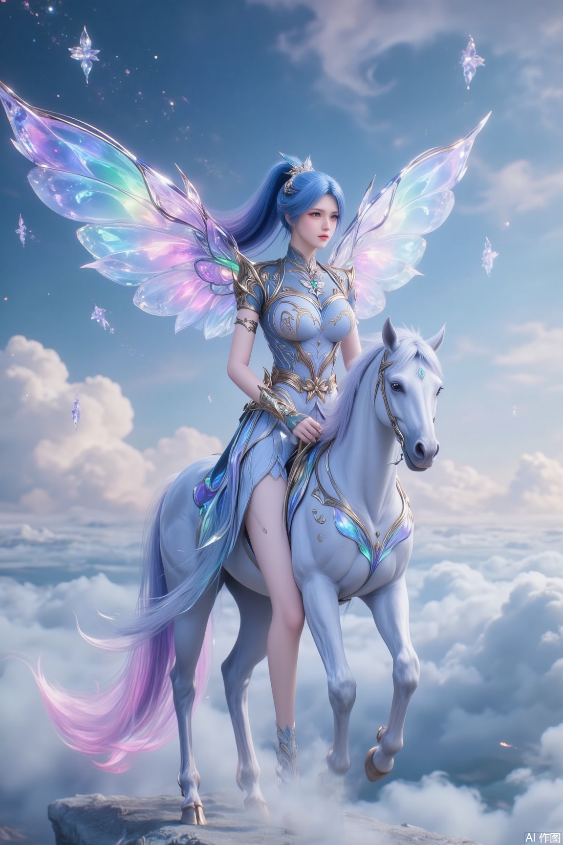 In a cloud-filled sky intertwined with dazzling auroras and vibrant colors, a graceful beauty engages in a dreamy interaction with a sacred multicolored cloud-borne steed. Her blue hair is tied into a high ponytail, its strands shimmering with faint starlight, as if auroral power dances in the air. Her smooth, pearl-like skin is adorned with a high-collared dress made of rainbow gradient crystal gemstones, its design elegant and exquisite, the high collar adding an air of mystery, as if auroral and colorful elements flow over her body. Behind her, a pair of auroral crystal wings unfolds, composed of transparent auroral crystal gemstones, each gemstone refracting a deep, purple-blue glow, while also embedded with vibrant colors, as if auroral power and colorful elements flow in the clouds. The edges of the wings are embedded with flowing auroral energy, gently flapping as she moves, leaving a mysterious and dazzling trail in the sky. She rides a sacred multicolored cloud-borne steed, a divine beast made of pure cloud mist and auroral power, its body shimmering with vibrant rainbow hues, as if auroral power and colorful elements dance in the clouds. The steed’s mane flows like an aurora, radiating a soft and dreamy light, each strand refracting different colors, ranging from deep purple-blue to radiant gold, gentle pink, and lush green, as if presenting a feast of colors. The steed’s eyes are like two radiant stars, its pupils radiating a gentle light, exuding a serene and sacred aura, as if silently conversing with her. Its hooves are composed of auroral crystal gemstones, the edges embedded with flowing auroral energy, gently stepping as she rides, as if leaving dreamy footprints in the clouds. The cloud-filled sky is filled with a rich auroral aura, within which one can faintly see fantastical auroral flowers, their shapes crystal-clear, petals dotted with auroral energy and vibrant rainbow hues, exuding a powerful magical aura. Countless glowing runes float in the clouds, emitting a mysterious light, as if whispering ancient spells. Her face is exquisitely beautiful, her skin smooth and flawless like fine porcelain, her eyebrows and eyes painted like a masterpiece, her gaze as dazzling as the stars, revealing a hint of mystery and tenderness. Her makeup is exquisite, her lips purple-blue, her mouth slightly curved, carrying an imperceptible smile, exuding an irresistible charm. Her face is surrounded by an auroral halo, adorned with vibrant rainbow hues, as if starlight flows on her face.