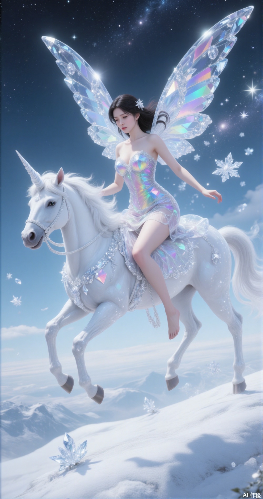 This image depicts a fantastical scene where a fairy is riding a unicorn through a snowy, starry sky
￼
The fairy is adorned in a shimmering, iridescent dress that reflects various colors, and she has large, crystal-like wings
￼
The unicorn is also covered in sparkling, crystalline decorations, and it has a single spiraled horn
￼
The background is filled with floating ice crystals and snowflakes, creating a magical, winter wonderland atmosphere
￼
The overall scene exudes a sense of enchantment and whimsy, blending elements of fantasy and nature.