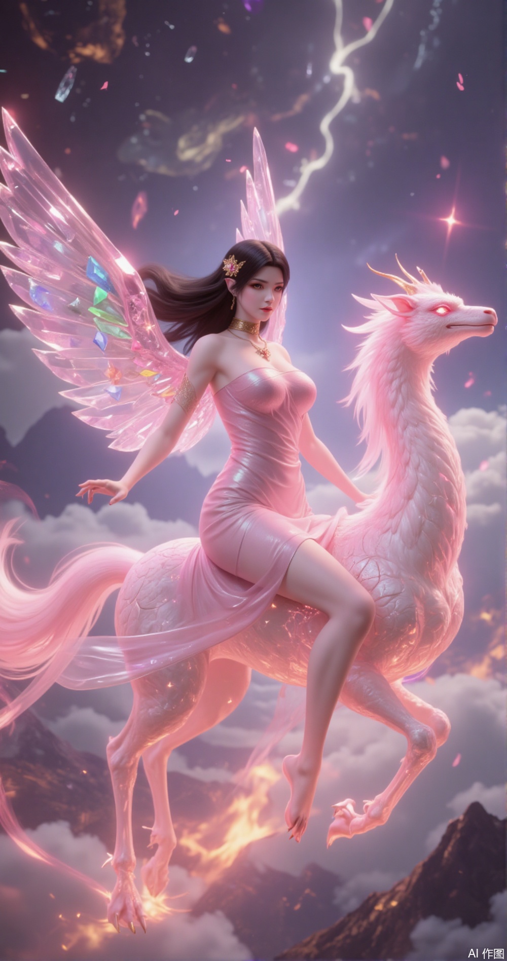 In a sky filled with raging elemental storm clouds, a graceful beauty rides a sacred elemental storm beast soaring through the skies. Her black hair dances like a storm, its strands shimmering with a kaleidoscope of colors, as if the Milky Way and elemental power intertwine. Behind her, a pair of crystal wings unfolds, composed of transparent elemental crystal gemstones, each gemstone refracting a kaleidoscope of colors, as if elemental storm energy flows in the air. The edges of the wings are embedded with flowing elemental energy, gently flapping as she moves, leaving a raging trail in the air. She wears a rainbow gradient crystal gemstone dress, the skirt made of transparent elemental gemstones, their light constantly changing as she moves, casting a dreamlike rainbow glow. The dress hugs her curves, showcasing her sexy yet elegant figure, with a few elemental petals adorning the hem, gently swaying in the elemental energy, complementing her wings and dress. She rides a elemental Phoenix, a divine beast made of raging elemental storm energy, its body shimmering with a kaleidoscope of colors, its hooves stepping on flowing elemental energy, as if treading on the void. The beast’s mane flows like a waterfall of elemental storm, radiating a powerful magical aura, its eyes like two radiant stars, exuding a majestic aura. Its wings are composed of elemental crystal gemstones, the edges embedded with flowing elemental energy, gently flapping as it flies, leaving a raging trail in the air. The sky above the clouds is filled with a raging elemental aura, within which one can faintly see fantastical elemental flowers, their shapes crystal-clear, petals dotted with elemental energy, exuding a powerful magical aura. Countless glowing runes float in the sky, emitting a mysterious light, as if whispering ancient spells. Her face is exquisitely beautiful, her skin smooth and flawless like fine porcelain, her eyebrows and eyes painted like a masterpiece, her gaze as dazzling as the stars, revealing a hint of mystery and allure. Her makeup is exquisite, her lips kaleidoscopic, her mouth slightly curved, carrying an imperceptible smile, exuding an irresistible charm. Her face is surrounded by a elemental storm halo, as if starlight flows on her face.