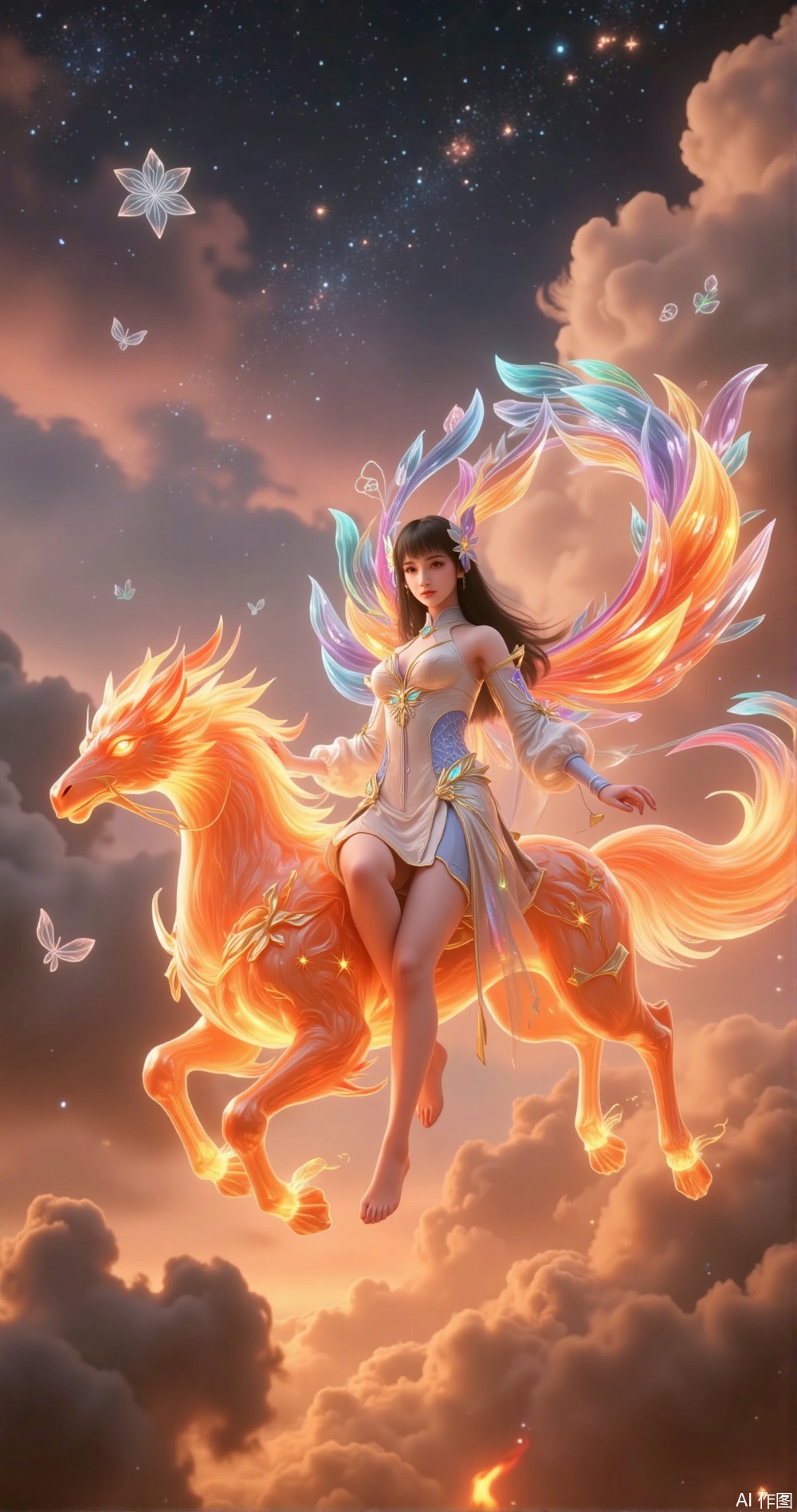 In a sky filled with burning fire clouds, a graceful beauty rides a sacred fire beast soaring through the skies. Her black hair burns like flames, its strands dancing with fiery red glow, as if the Milky Way and fire intertwine. Behind her, a pair of crystal wings unfolds, composed of transparent fire crystal gemstones, each gemstone refracting a dazzling orange-red glow, as if flames dance in the air. The edges of the wings are embedded with flowing fire, gently flapping as she moves, leaving a fiery trail in the air. She wears a rainbow gradient crystal gemstone dress, the skirt made of transparent fire gemstones, their light constantly changing as she moves, casting a dreamlike rainbow glow. The dress hugs her curves, showcasing her sexy yet elegant figure, with a few fire petals adorning the hem, gently swaying in the firelight, complementing her wings and dress. She rides a fire Phoenix, a divine beast made of blazing fire, its body shimmering with dazzling orange-red glow, its hooves stepping on flowing fire tongues, as if treading on the void. The beast’s mane flows like a waterfall of fire, radiating a fiery glow, its eyes like two radiant stars, exuding a majestic aura. Its wings are composed of fire crystal gemstones, the edges embedded with flowing fire tongues, gently flapping as it flies, leaving a fiery trail in the air. The sky above the clouds is filled with fiery mist, within which one can faintly see fantastical fire flowers, their shapes crystal-clear, petals dotted with firelight, exuding a powerful magical aura. Countless glowing runes float in the sky, emitting a mysterious light, as if whispering ancient spells. Her face is exquisitely beautiful, her skin smooth and flawless like fine porcelain, her eyebrows and eyes painted like a masterpiece, her gaze as dazzling as the stars, revealing a hint of mystery and allure. Her makeup is exquisite, her lips deep red, her mouth slightly curved, carrying an imperceptible smile, exuding an irresistible charm. Her face is surrounded by a fire halo, as if starlight flows on her face.