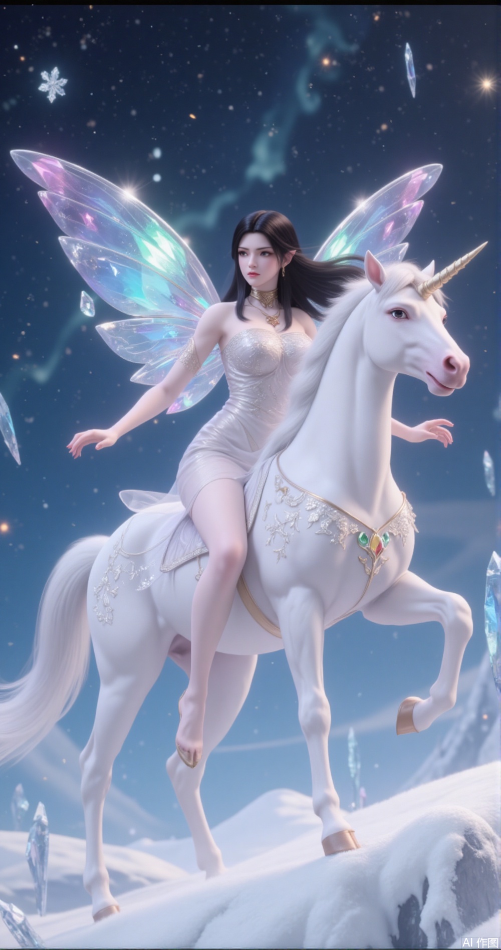 This image depicts a fantastical scene where a fairy is riding a unicorn through a snowy, starry sky
￼
The fairy is adorned in a shimmering, iridescent dress that reflects various colors, and she has large, crystal-like wings
￼
The unicorn is also covered in sparkling, crystalline decorations, and it has a single spiraled horn
￼
The background is filled with floating ice crystals and snowflakes, creating a magical, winter wonderland atmosphere
￼
The overall scene exudes a sense of enchantment and whimsy, blending elements of fantasy and nature.