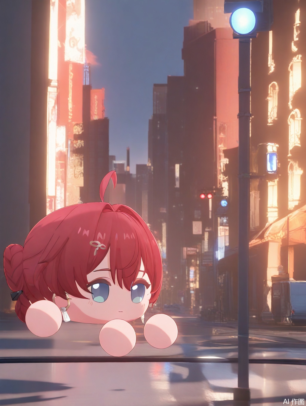 masterpiece,best quality,newest,absurdres,highres,very awa,1girl, danjin, danjin\(wuthering waves\), red hair, chibi, braid buns, blue eyes, tuanzi\(wuthering waves\), city, street, traffic light,
