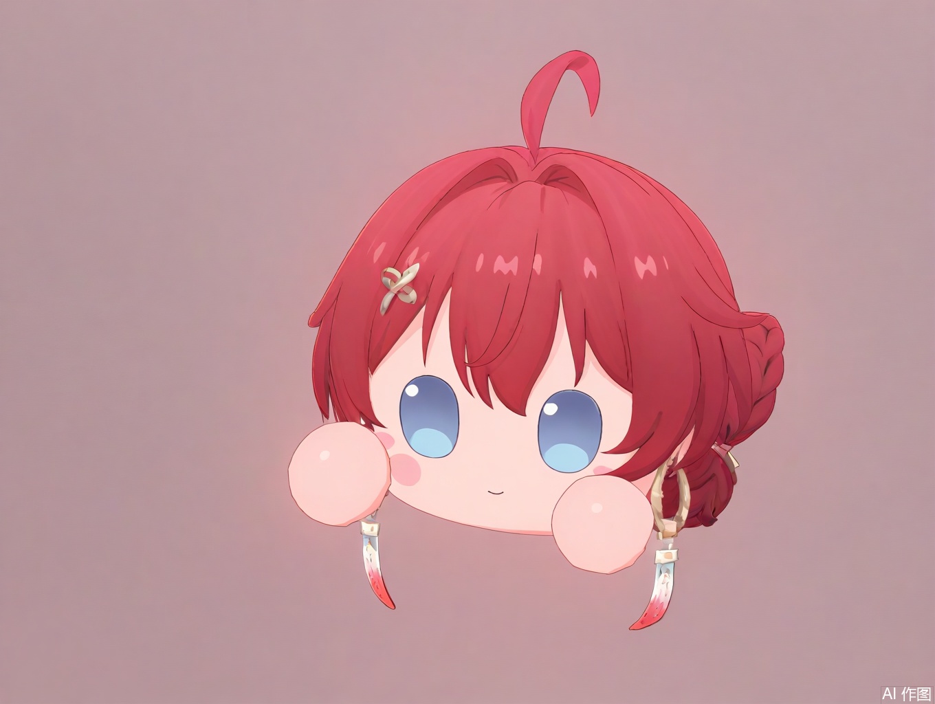 masterpiece,best quality,newest,absurdres,highres,very awa,impasto, danjin, danjin\(wuthering waves\), red hair, chibi, stickers,  hair ornament, earrings, simple background, solo, braid buns, blue eyes, tuanzi\(wuthering waves\),