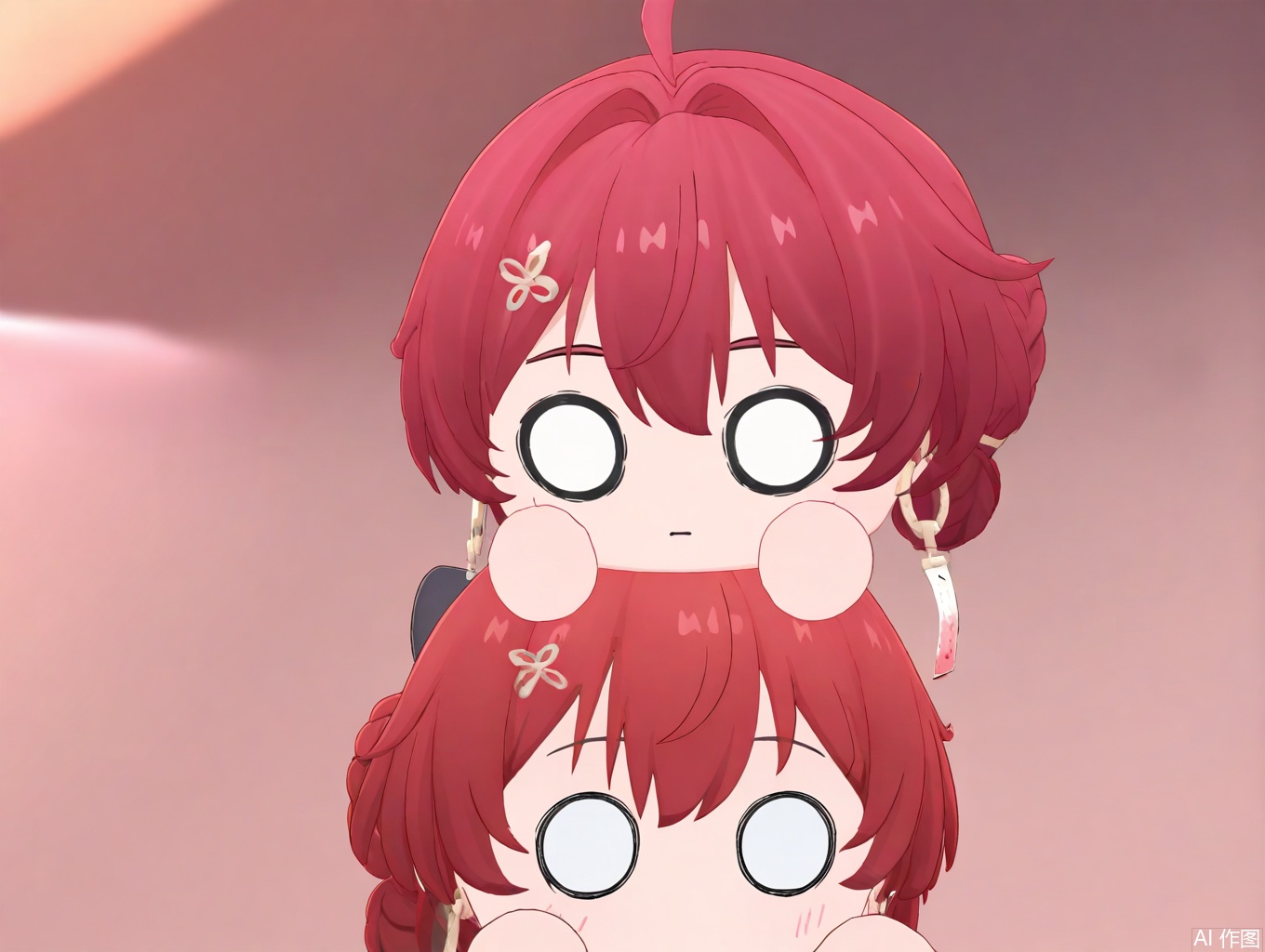 masterpiece,best quality,newest,absurdres,highres,very awa,1girl, danjin, danjin\(wuthering waves\), red hair, chibi, braid buns, blue eyes, simple_background,O O, tuanzi\(wuthering waves\), 
