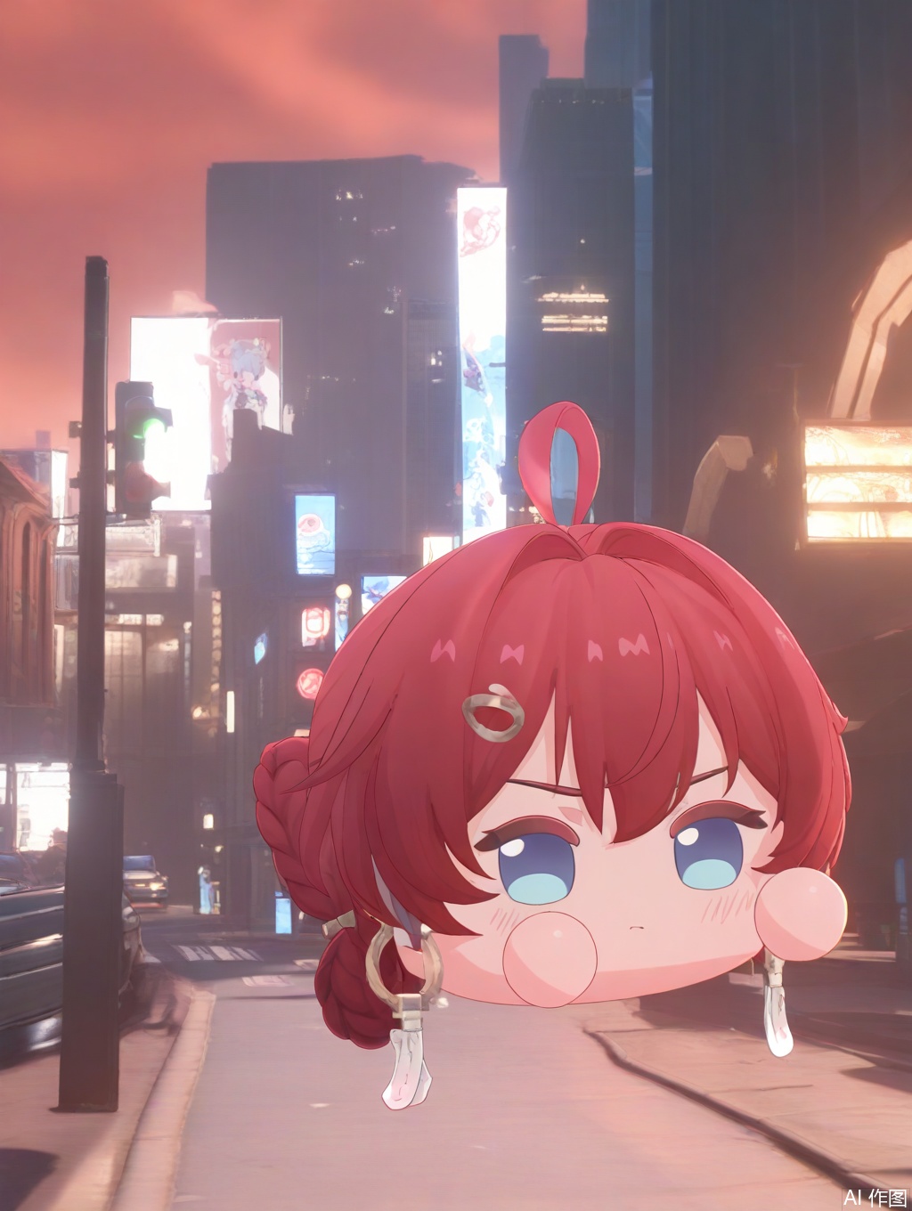 masterpiece,best quality,newest,absurdres,highres,very awa,1girl, danjin, danjin\(wuthering waves\), red hair, chibi, braid buns, blue eyes, tuanzi\(wuthering waves\), city, street, traffic light,