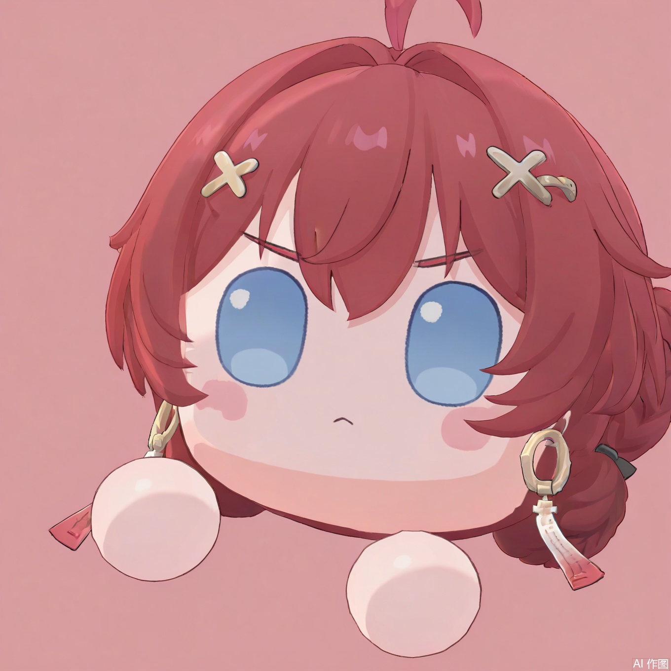 masterpiece,best quality,newest,absurdres,highres,very awa, danjin, danjin\(wuthering waves\), red hair, chibi, stickers,  hair ornament, earrings, simple background, solo, braid buns, blue eyes, tuanzi\(wuthering waves\),