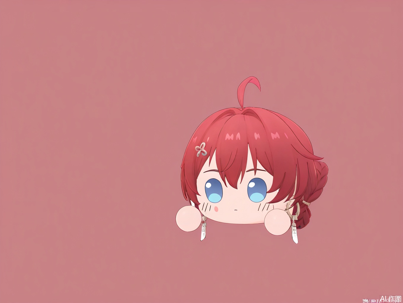 masterpiece,best quality,newest,absurdres,highres,very awa, 1girl, solo, danjin, danjin\(wuthering waves\), red hair, chibi, stickers,  hair ornament, earrings, simple background, solo, braid buns, blue eyes, tuanzi\(wuthering waves\),