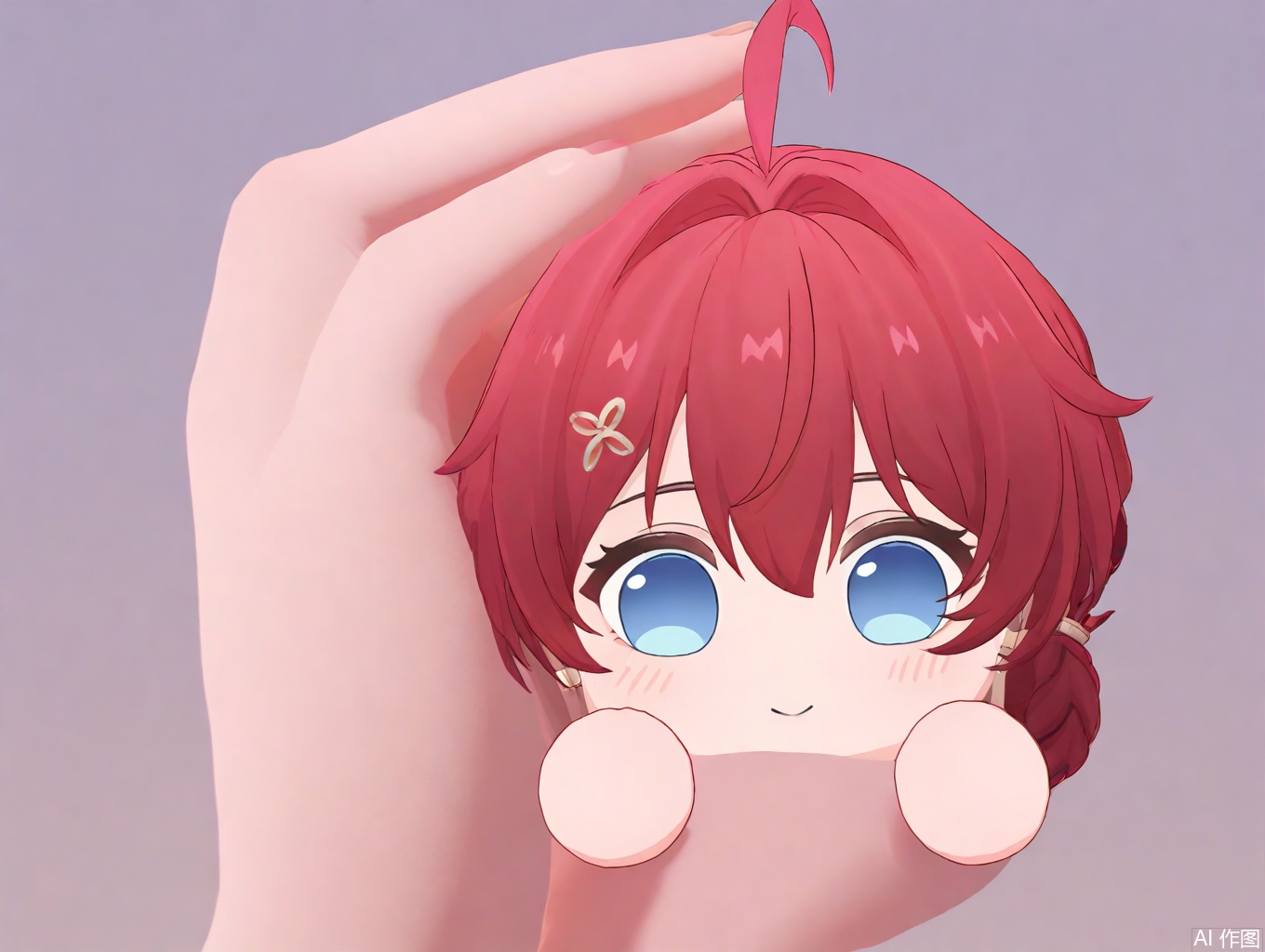 masterpiece,best quality,newest,absurdres,highres,very awa,1girl, danjin, danjin\(wuthering waves\), red hair, chibi, braid buns, blue eyes, simple_background,smile, tuanzi\(wuthering waves\), 