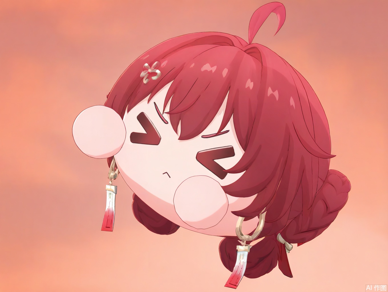 masterpiece,best quality,newest,absurdres,highres,very awa,1girl, danjin, danjin\(wuthering waves\), red hair, chibi, braid buns, simple_background,> <,:< tuanzi\(wuthering waves\), 
