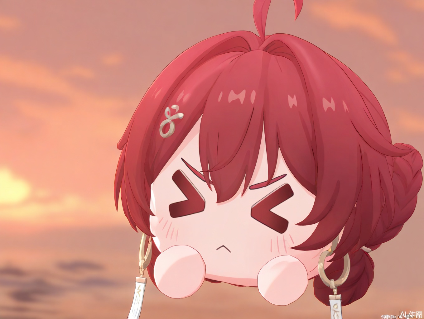 masterpiece,best quality,newest,absurdres,highres,very awa,1girl, danjin, danjin\(wuthering waves\), red hair, chibi, braid buns, simple_background,> <,:< tuanzi\(wuthering waves\), 