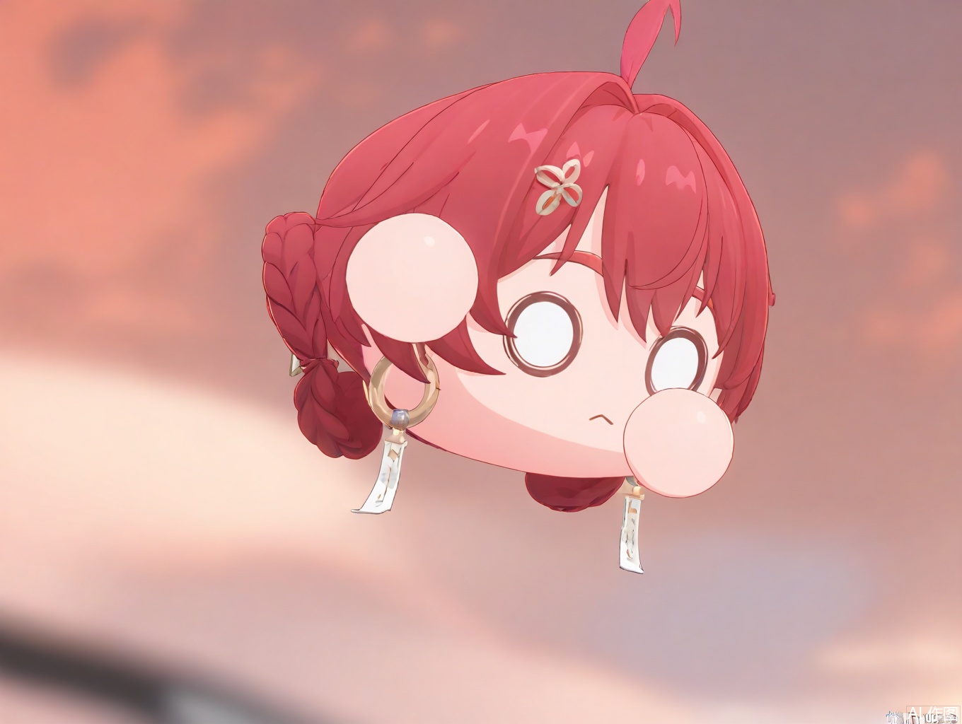 masterpiece,best quality,newest,absurdres,highres,very awa,1girl, danjin, danjin\(wuthering waves\), red hair, chibi, braid buns, blue eyes, simple_background,O O, tuanzi\(wuthering waves\), 
