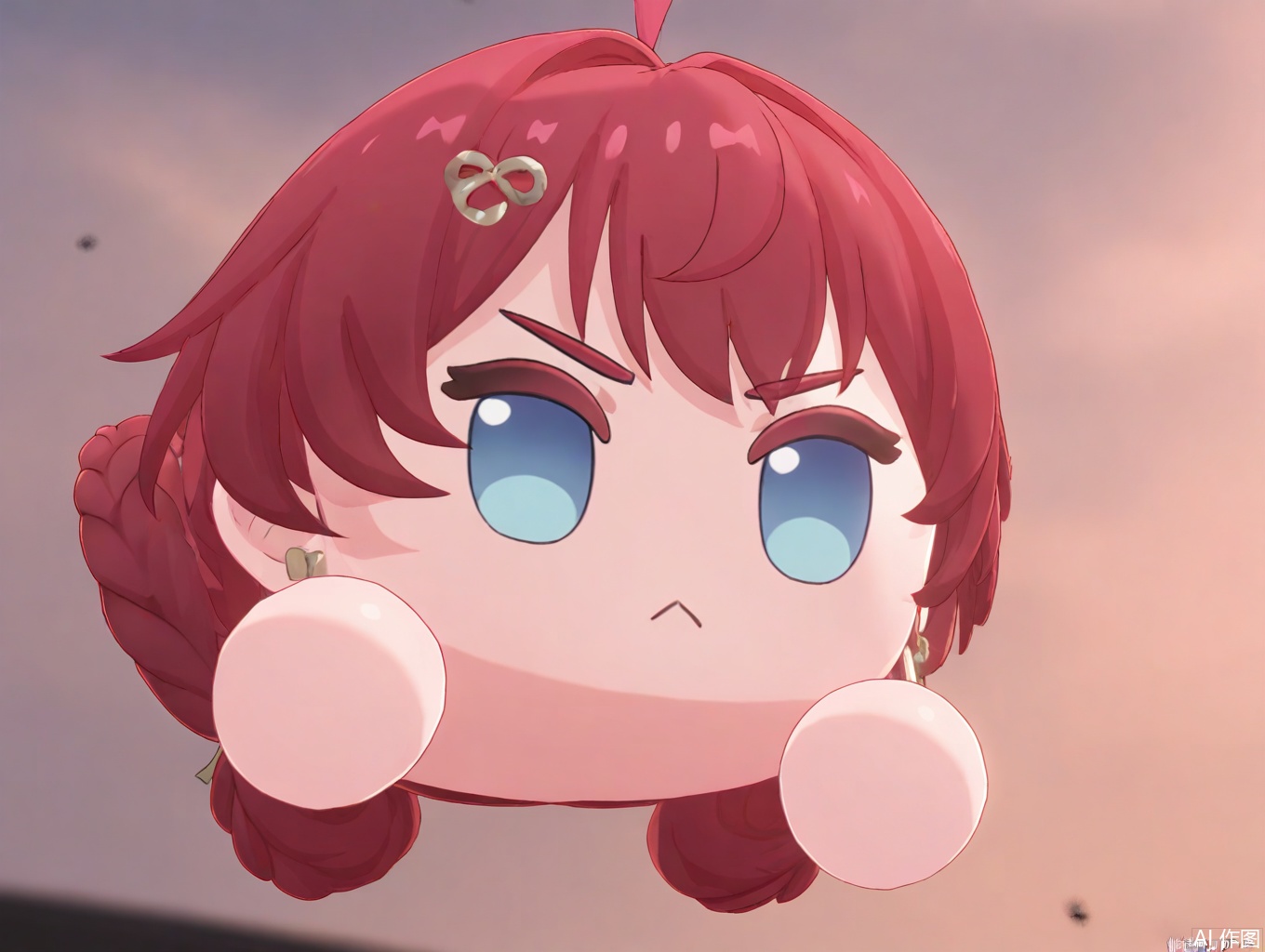 masterpiece,best quality,newest,absurdres,highres,very awa,1girl, danjin, danjin\(wuthering waves\), red hair, chibi, braid buns, blue eyes, simple_background,:<, tuanzi\(wuthering waves\), 