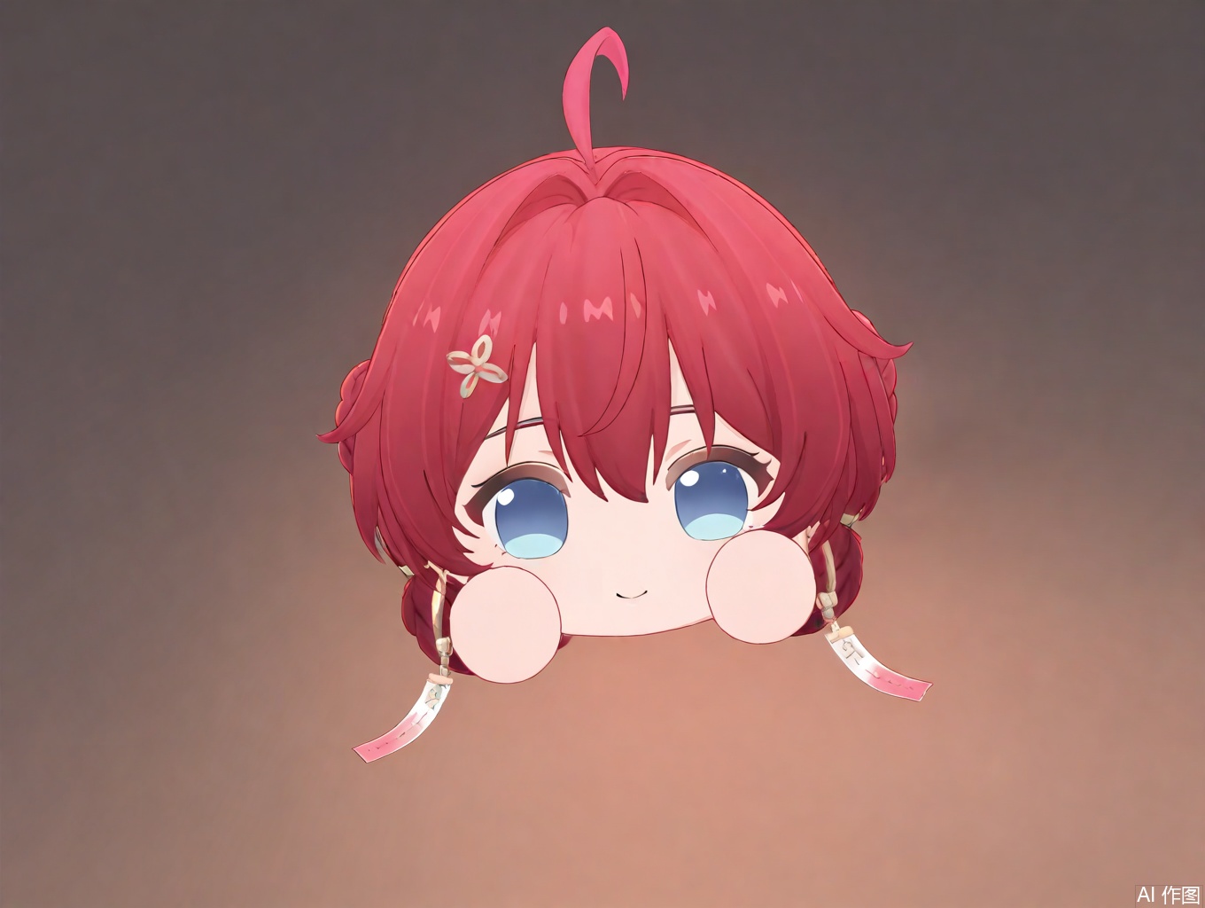 masterpiece,best quality,newest,absurdres,highres,very awa,1girl, danjin, danjin\(wuthering waves\), red hair, chibi, braid buns, blue eyes, simple_background,smile, tuanzi\(wuthering waves\), 