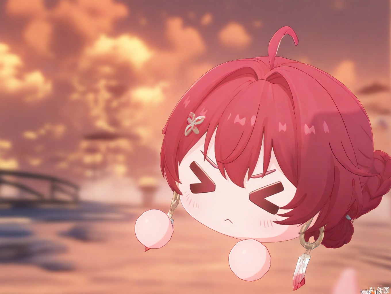masterpiece,best quality,newest,absurdres,highres,very awa,1girl, danjin, danjin\(wuthering waves\), red hair, chibi, braid buns, simple_background,> <,:< tuanzi\(wuthering waves\), 
