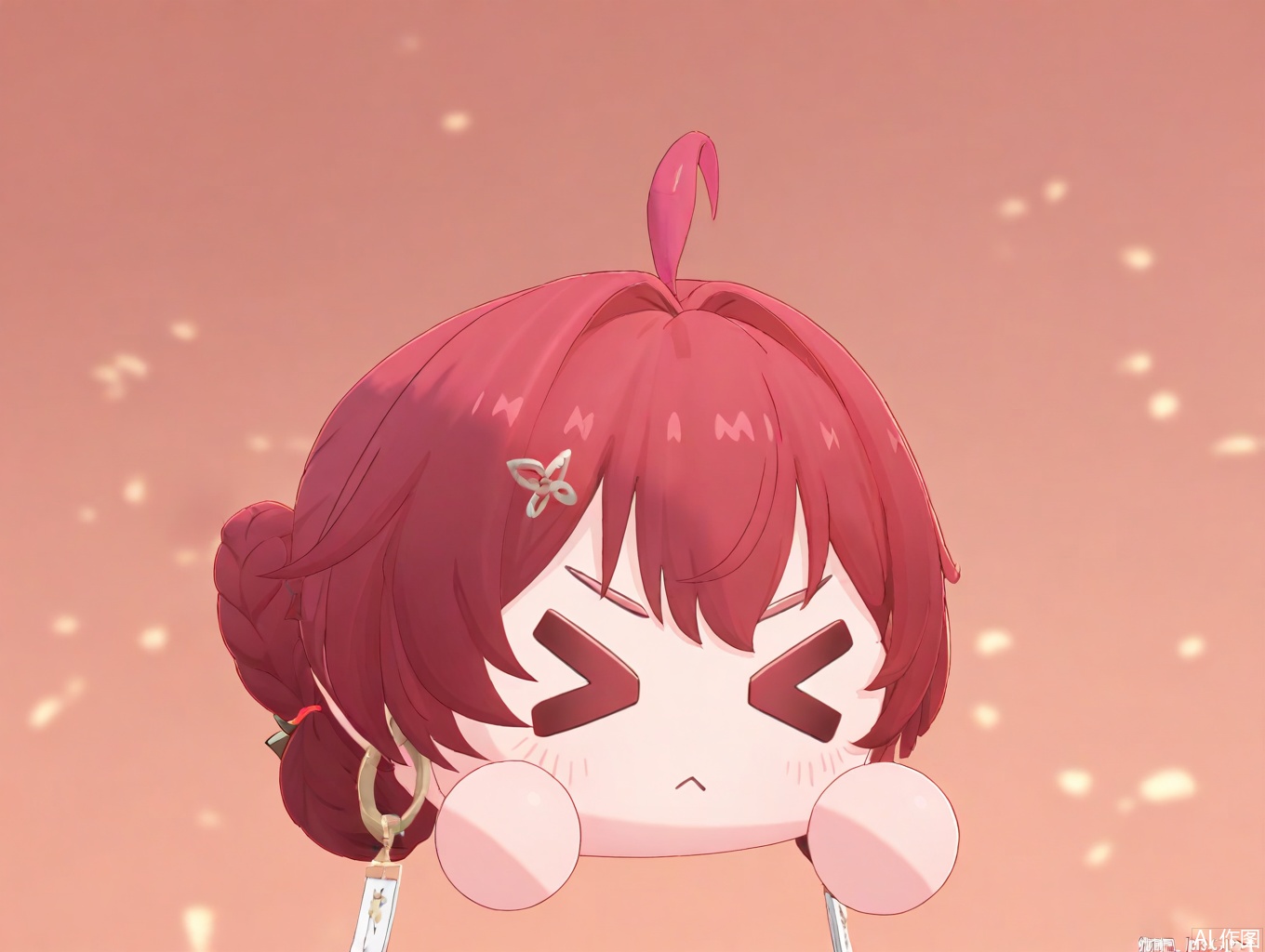 masterpiece,best quality,newest,absurdres,highres,very awa,1girl, danjin, danjin\(wuthering waves\), red hair, chibi, braid buns, simple_background,> <,:< tuanzi\(wuthering waves\), 