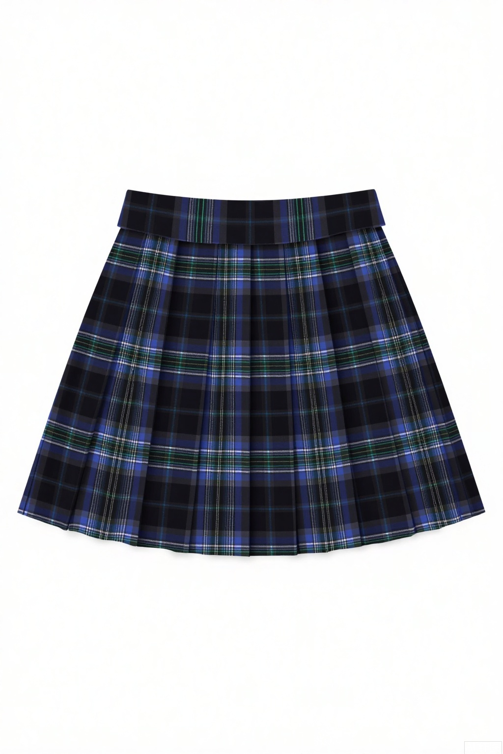 This is a pleated mini - skirt. It features a black - and - gray base color with blue - green plaid patterns, exuding a strong academic - style vibe.
