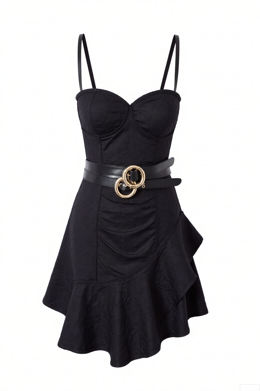Overall
The main subject is a short dress with an edgy yet elegant overall look.
 
Garment Style
 
- It is a strappy dress with thin shoulder straps. The bodice features a sweetheart neckline, giving it a feminine touch. The waist is cinched, and the skirt has a flared design with an asymmetrical ruffled layer, adding a dynamic and stylish element.
 
Matching
 
- The dress is accessorized with a double - belt around the waist. The belts are black, made of leather - like material, and have metallic O - rings as buckles, which not only accentuate the waist but also add a punk - inspired touch.
 
Decoration
 
- The dress is adorned with an embossed floral pattern all over, which gives it texture and a sense of luxury. The embossed design makes the floral motifs stand out subtly against the dark fabric.
 
Background
 
- The background should be plain white. This minimalist background helps to keep the focus entirely on the dress, highlighting its details, colors, and overall silhouette.
 
Image Quality
 
- Ensure the image has high - definition, sharp details, and accurate color reproduction. The lighting should be well - balanced to showcase the texture of the fabric, the sheen of the belts, and the embossed pattern clearly.
