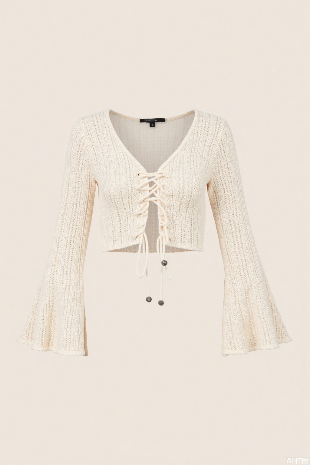 Overall
 
The main subject is a cropped knit top that exudes a sense of casual elegance and modern style. It has a contemporary and trendy appeal suitable for fashion - forward outfits.
 
Garment Style
 
- This is a long - sleeved knit top. It features a V - neckline, which adds a touch of femininity. The sleeves are bell - shaped, flaring out from the elbows, contributing to the stylish and retro - inspired look. The top is cropped, ending above the waist, which makes it perfect for pairing with high - waisted bottoms. The knit fabric has a loose, airy texture, suggesting it's suitable for warmer weather or layering.
 
Matching
 
- There are no additional accessories shown in the image. However, this top can be paired with high - waisted jeans, skirts (such as mini skirts or midi skirts), or wide - leg pants for a fashionable ensemble. It can also be layered over a camisole or under a blazer for different looks.
 
Decoration
 
- The top is decorated with a drawstring at the front, which can be adjusted to change the fit and look. The drawstring ends with small metallic or wooden beads, adding a subtle yet stylish detail. The knit pattern itself is a decorative element, with a textured, open - weave design that gives the top visual interest.
 
Background
 
- The background should be a plain, light - colored surface, preferably in a soft neutral tone like light beige or off - white. This type of background helps to highlight the top's details, color, and texture without any distractions.