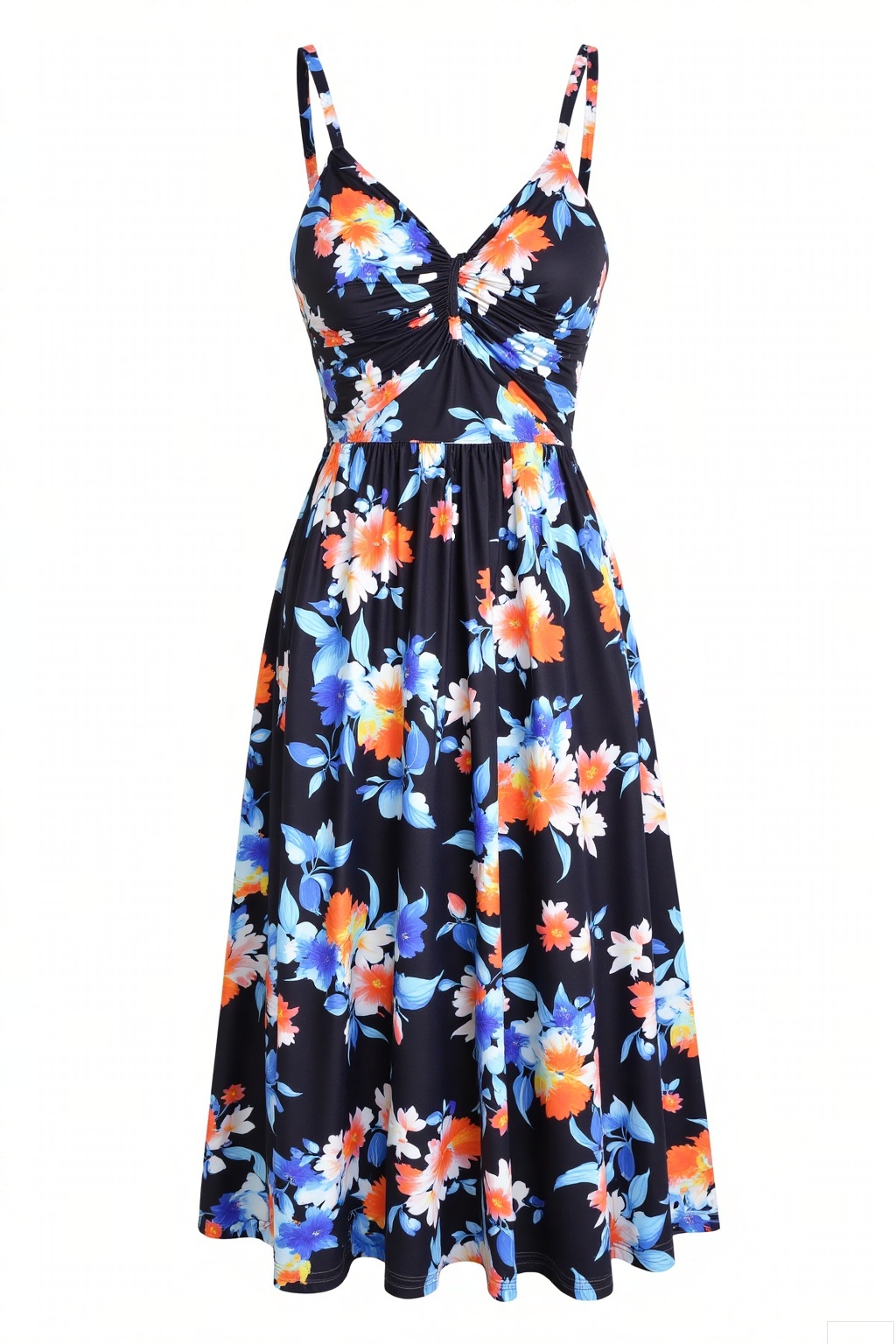 This is a spaghetti - strap dress with a criss - cross V - neck design and slender straps. The whole dress is covered with vivid floral patterns in colors like black, white, blue, and orange, exuding a lively and summery vibe. It has a nipped - in waist and the skirt flares out naturally in an A - line silhouette.