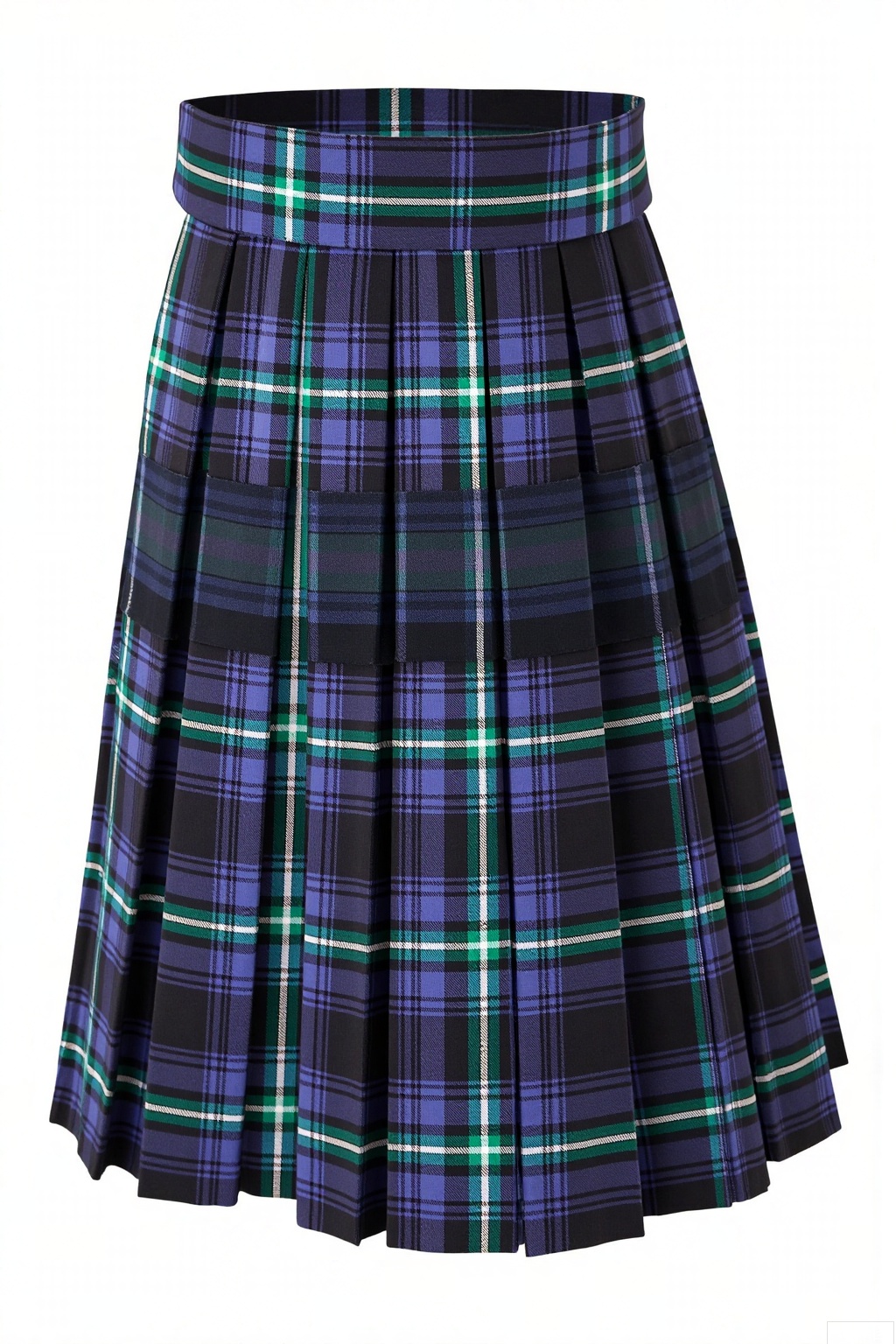 This is a pleated mini - skirt. It features a black - and - gray base color with blue - green plaid patterns, exuding a strong academic - style vibe.