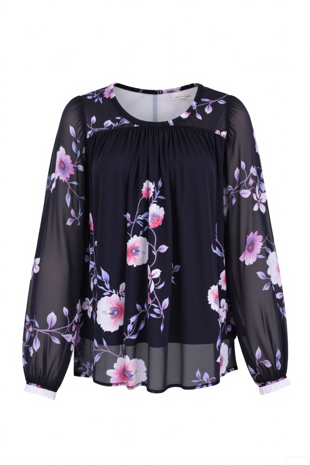 A long - sleeved chiffon printed top. The overall color is black, adorned with soft - colored floral patterns, including pink, white, and light blue flowers as well as purple branches and leaves. The neckline is round, with a light - colored trim along the edge. The top features pleated designs, adding a sense of layering. The sleeves are in a flared style. The material is light and floaty, and the style leans towards being sweet and elegant. The background is white.
